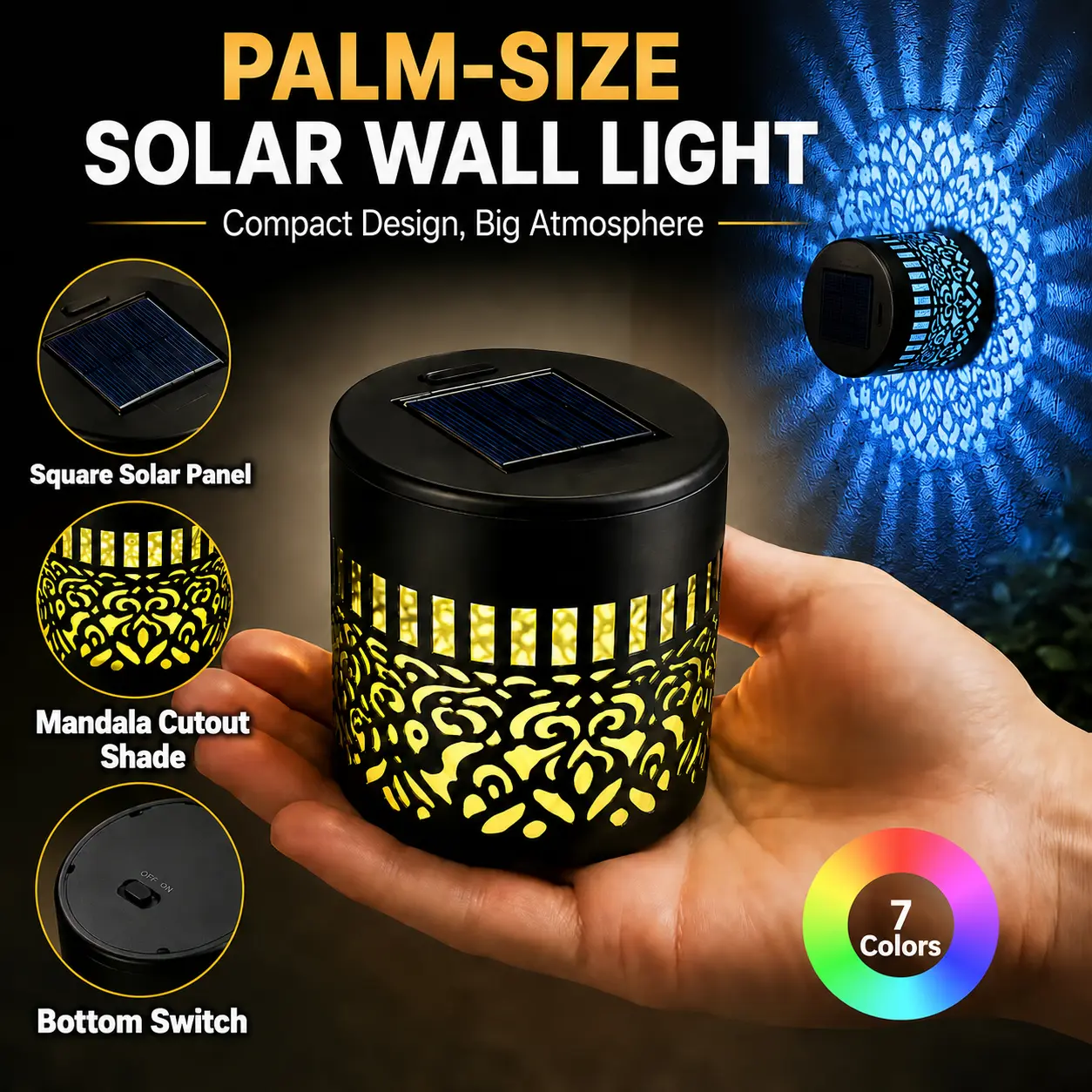 Solar Mandala Projector Outdoor Lights, Waterproof Metal Solar Fence Lights for Garden Patio Courtyard Backyard Decor