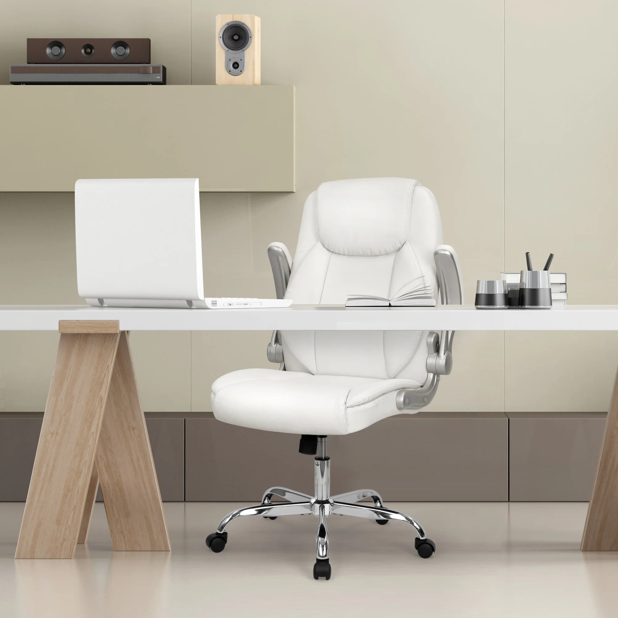 NEO CHAIR Executive Office Chair, Ergonomic High back Cushioned, Wide Leather Seat 8 Hours Heavy Duty Design, Flip Up Armrest Computer Desk Chair, Black