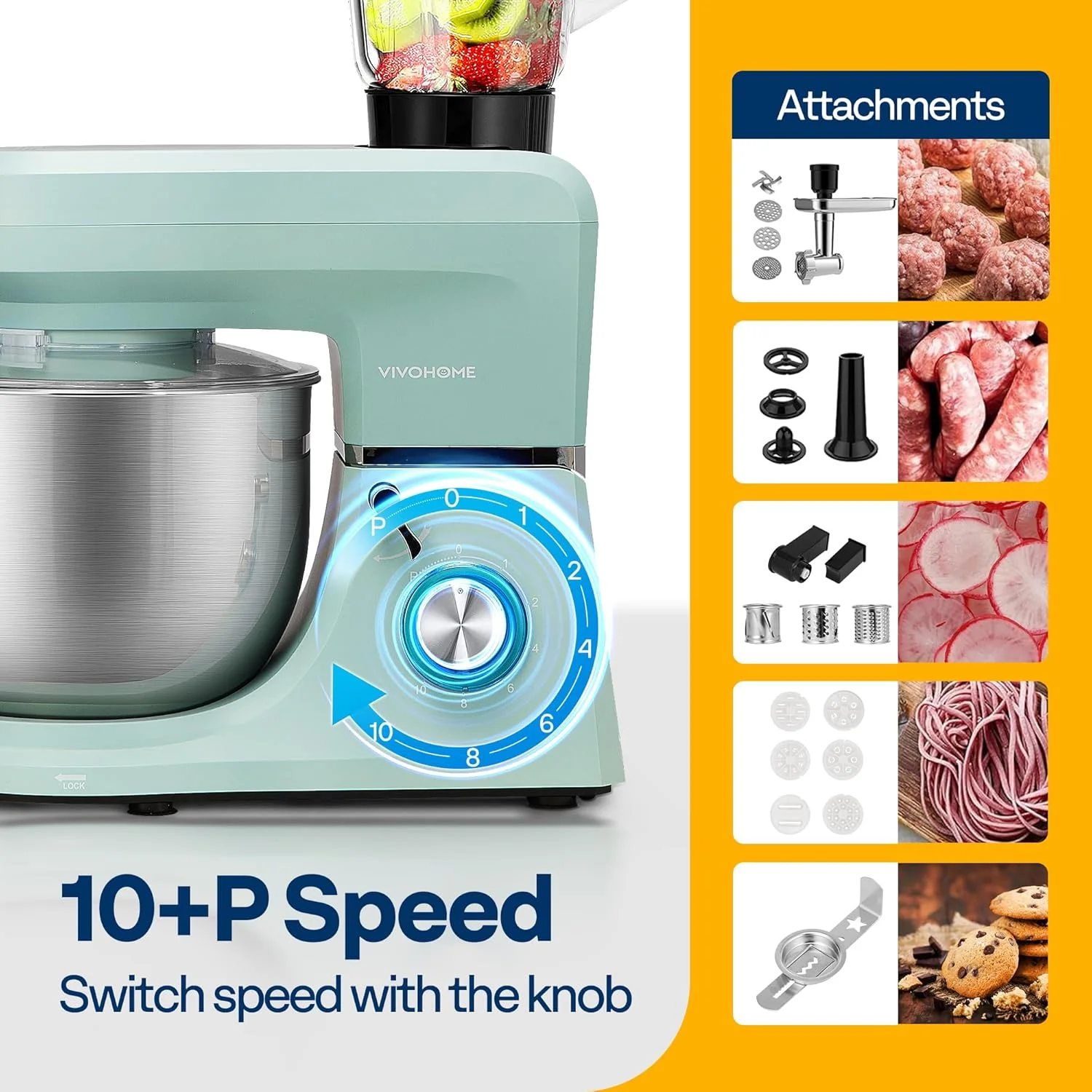 SPECSTAR 6 in 1 Multifunctional Stand Mixer with 8.5 Quart Stainless Steel Bowl, 660W 10 Speed Tilt-Head, Silver