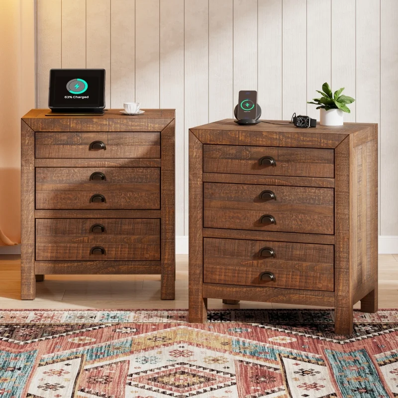 Rustic Farmhouse Style Three-Drawer Solid Pine Wood Nightstand  Set of 2,with Cup Pulls and Integrated Charge Station