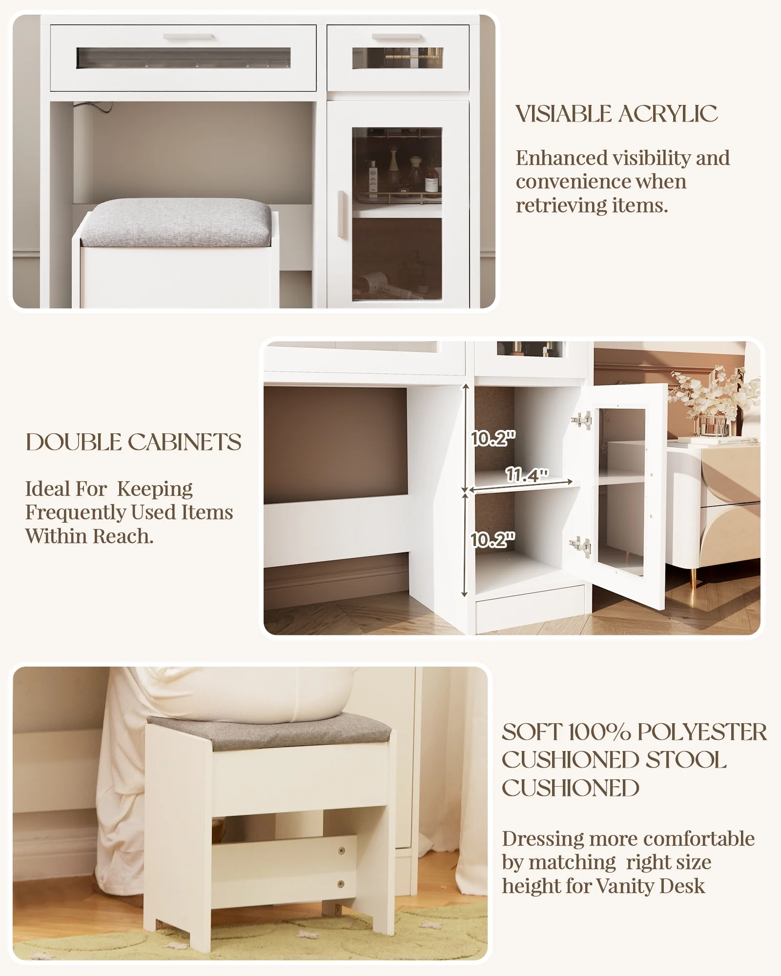 LIVELYGLOW Vanity Desk with Mirror and Lights, Makeup Vanity with Drawer & Storage Shelves, Cabinet, 3 Lighting Modes Adjustable Brightness,White