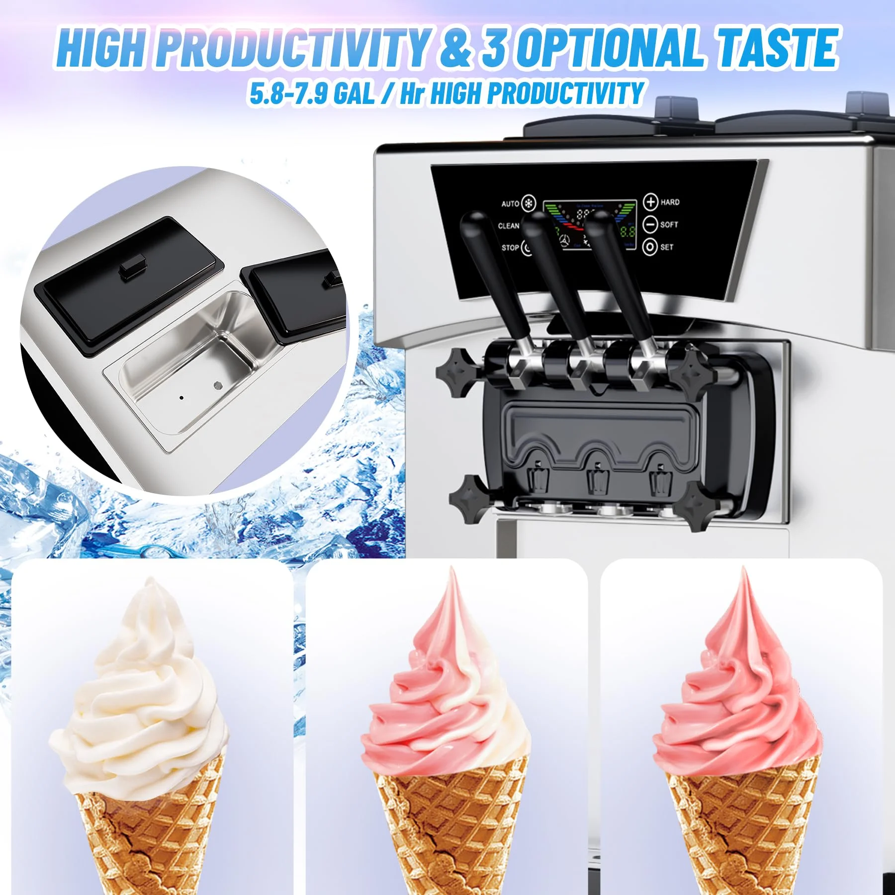 Tookss Commercial 3 Flavors Ice Cream Machine, 5.8 to 8Gal per Hour Soft Serve Ice Cream Maker,with Auto Clean, LCD Display for home Snack Bar Restaurants