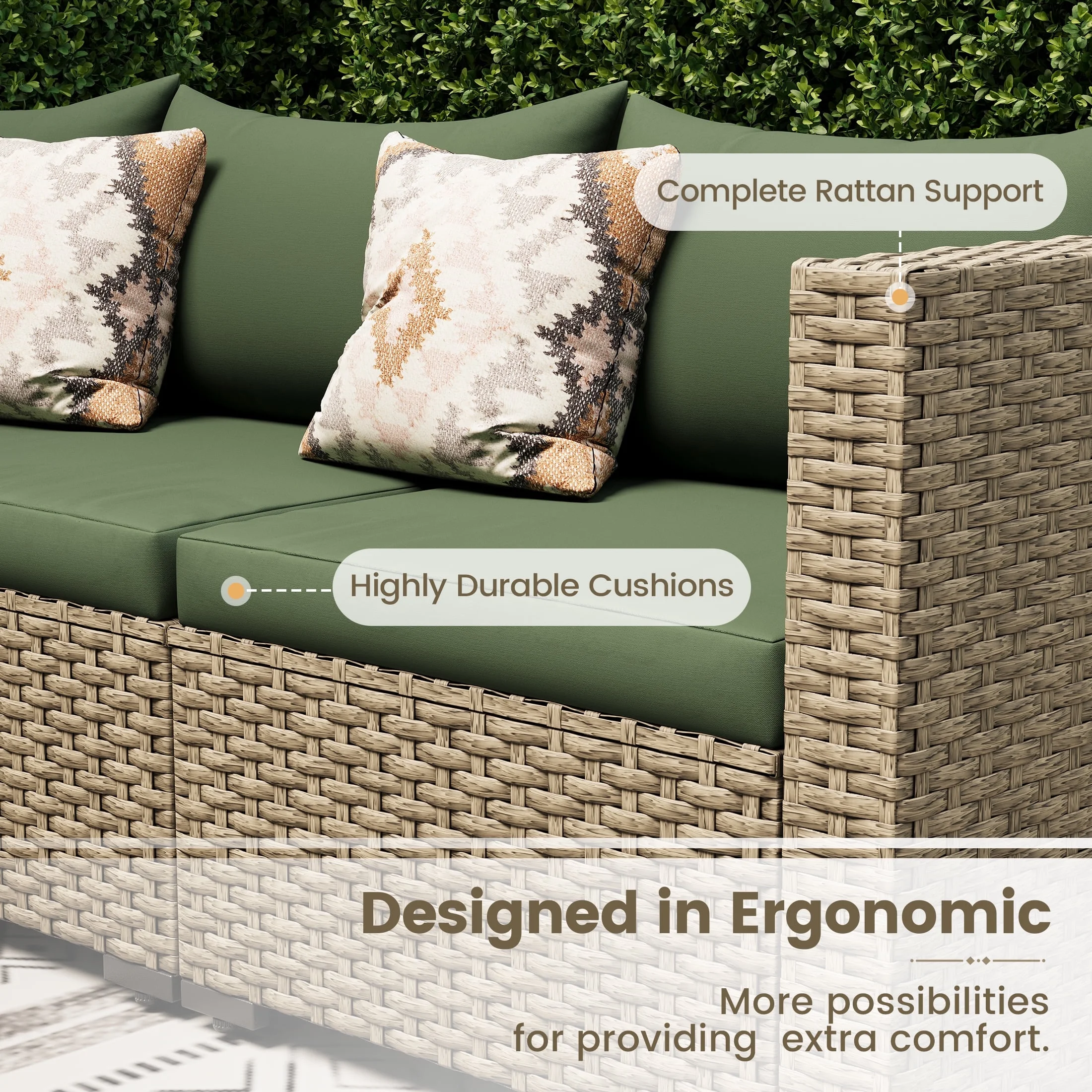 POTEBAN 7 Pieces Outdoor Patio Furniture Set, Grey Rattan Wicker Outdoor Conversation Sectional Sofa Set with Cushions for Backyard, Green