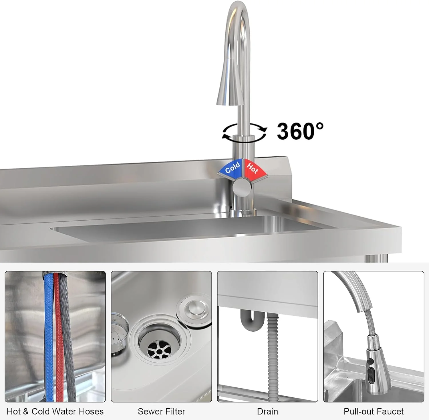 TROPOW 24x20x42 Inch Stainless Steel Utility Sink, Freestanding Single Bowl with Cold and Hot Water Hose and Faucet, Commercial Sink Kitchen Sink for Restaurant Laundry Room Bathroom Garage Garden