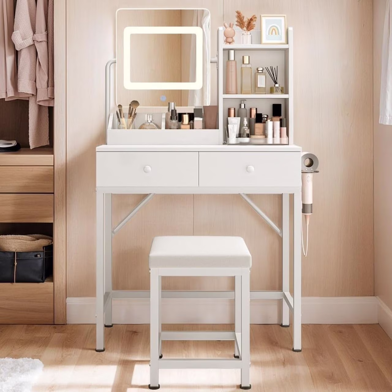 Makeup Vanity Desk with Mirror and Lights, 43.5�� Vanity Table with 5 Drawers & Storage Shelves, White