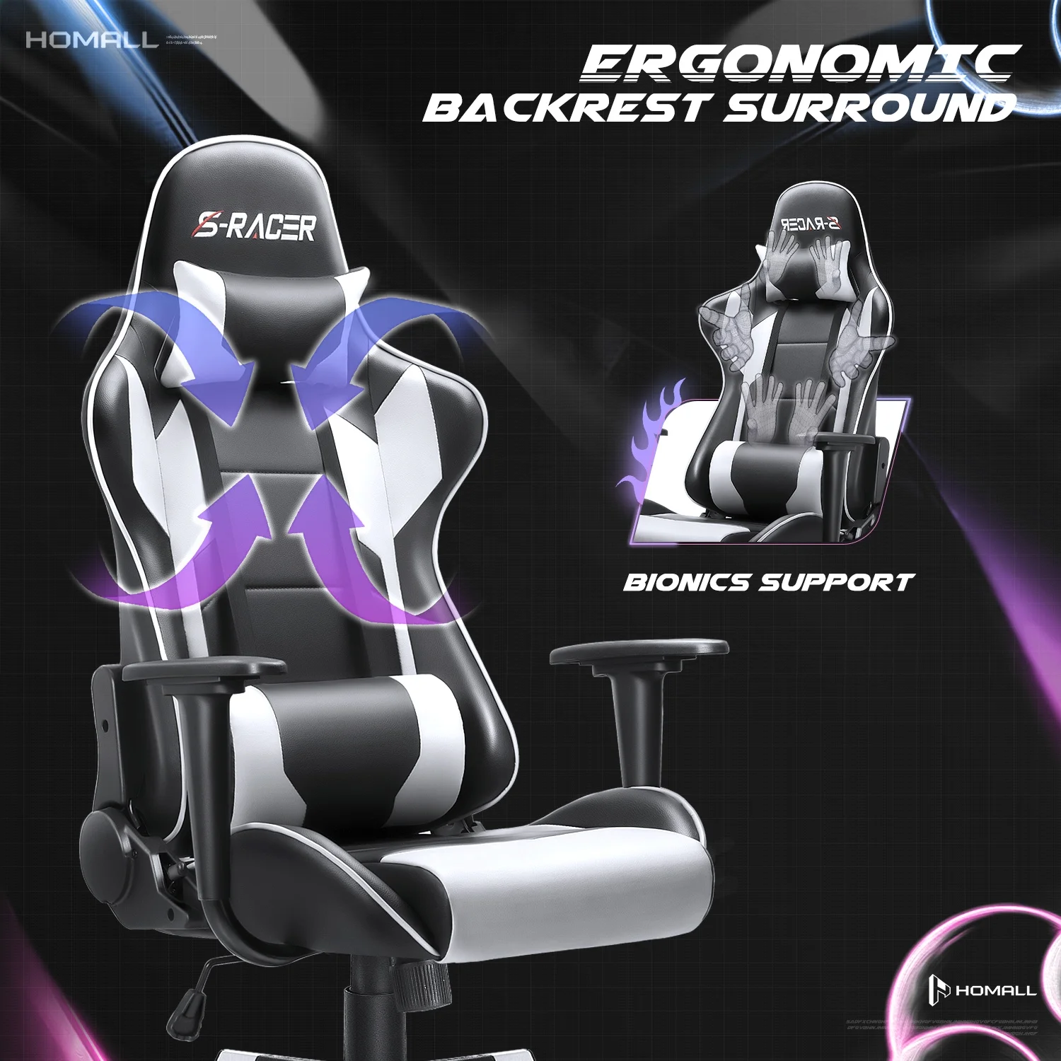 Homall Gaming Chair Office Chair High Back Computer Chair Leather Desk Chair Racing Executive Ergonomic Adjustable Swivel Task Chair with Headrest and Lumbar Support, Purple