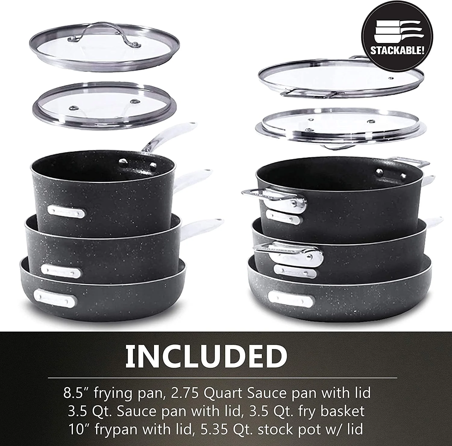Granitestone Stackmaster Nonstick Pots and Pans Set, 10 Piece Complete Cookware Set, Stackable Design with Ultra Nonstick Mineral & Diamond Coating, Dishwasher & Oven Safe