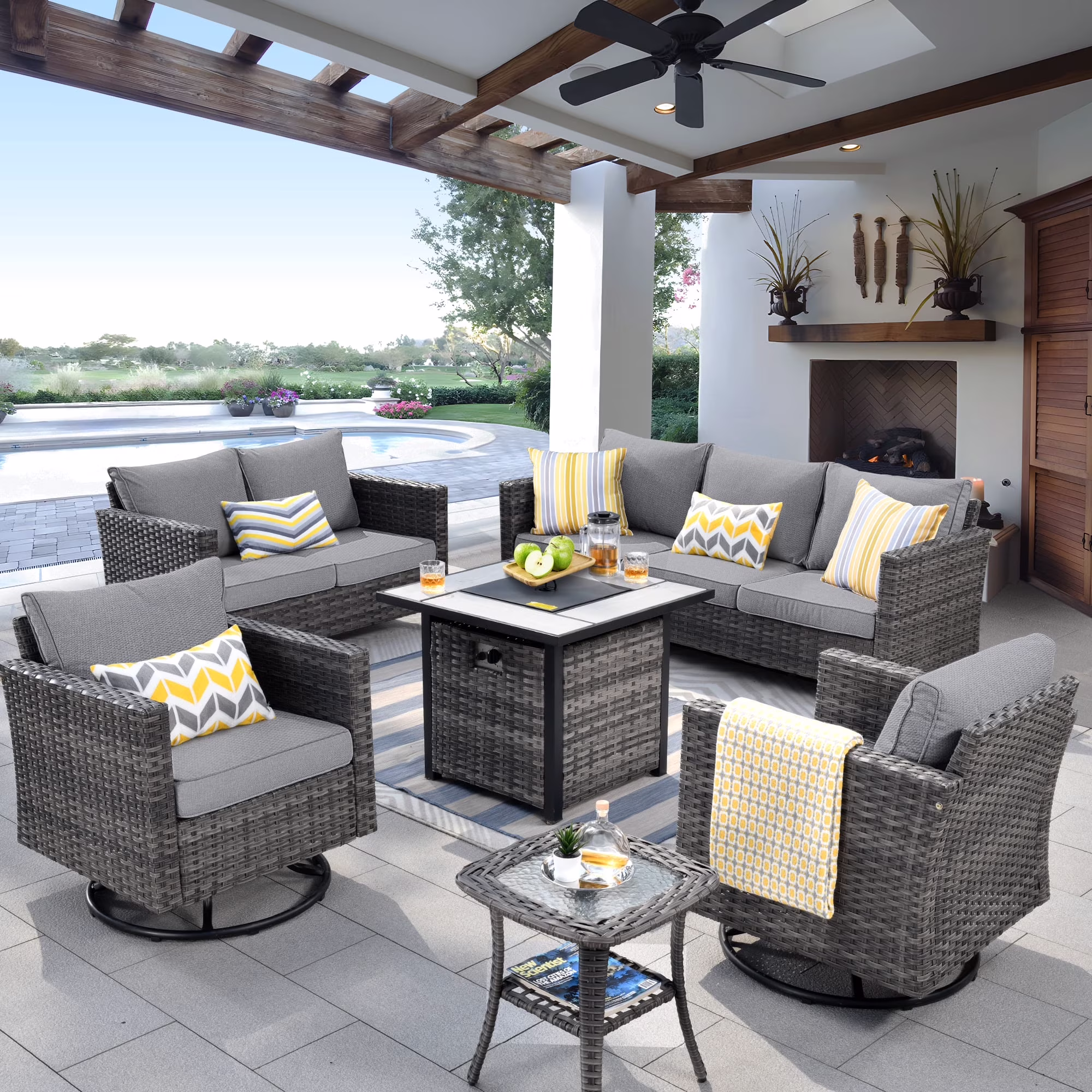 Ovios 6 Pieces Outdoor Patio Furniture Set with Gas Propane Fire Pit Table Wicker Outdoor Conversation Set with Swivel Rocking Chair for Backyard, Cushion Beige