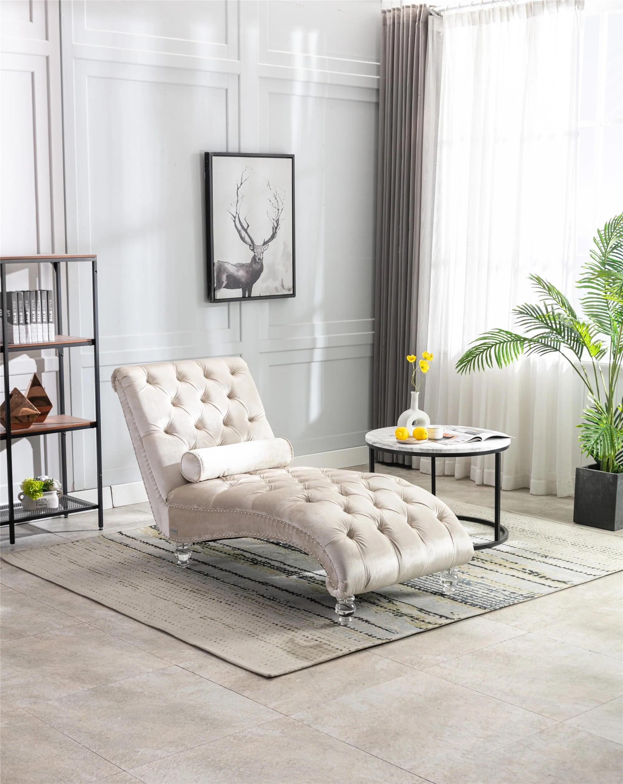 Velvet Chaise Lounge Chair, Modern Button Tufted Lounge Chair with Acrylic Legs and Nailhead Trim, Upholstered Sleeper Chair with Toss Pillow for Living Room Bedroom, Purple