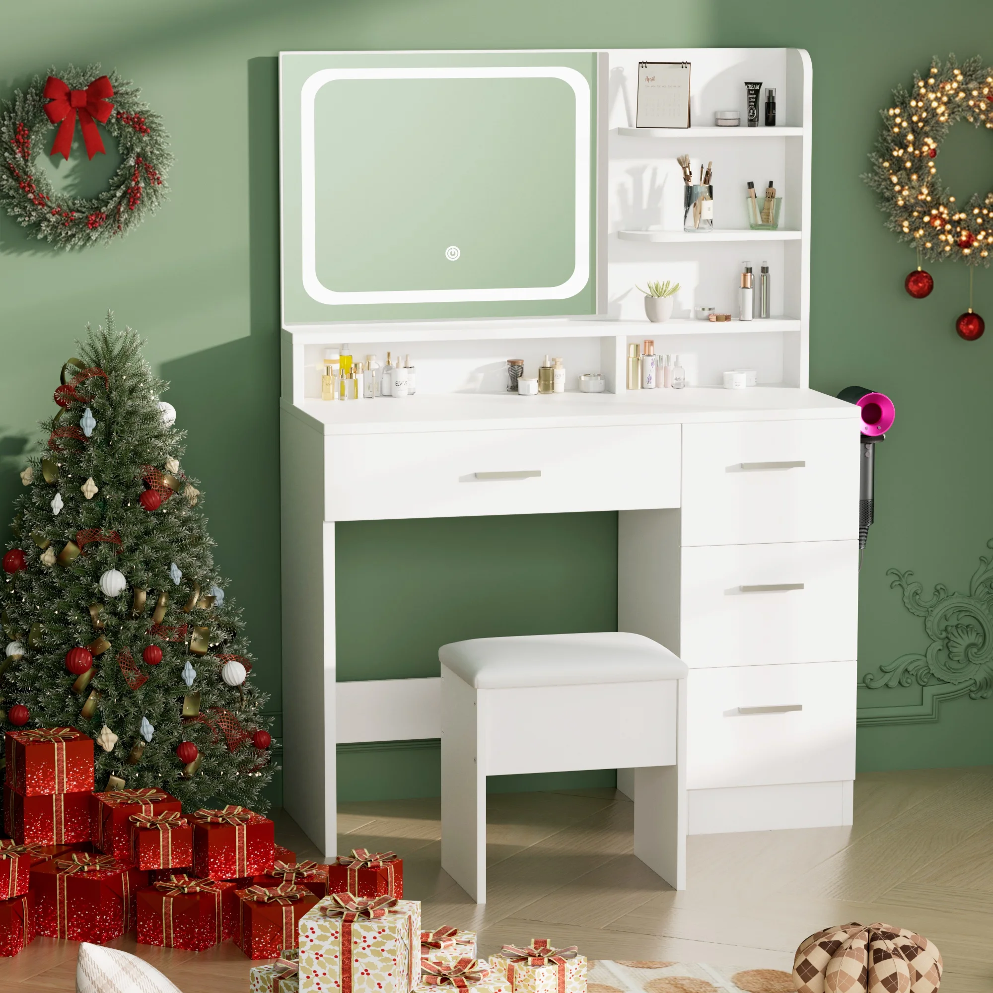 LIVELYGLOW Vanity Desk with Mirror and Lights, Makeup Vanity with Drawer & Storage Shelves, Cabinet, 3 Lighting Modes Adjustable Brightness,White