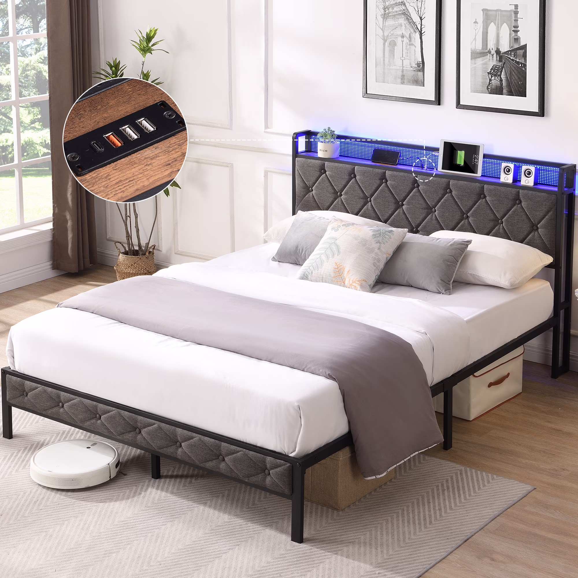 SYNGAR Full Bed Frame with LED Light and Charging Station, Modern Platform Bed Frame No Box Spring Needed with Linen Upholstered Headboard, Easy Assembly, Dark Grey