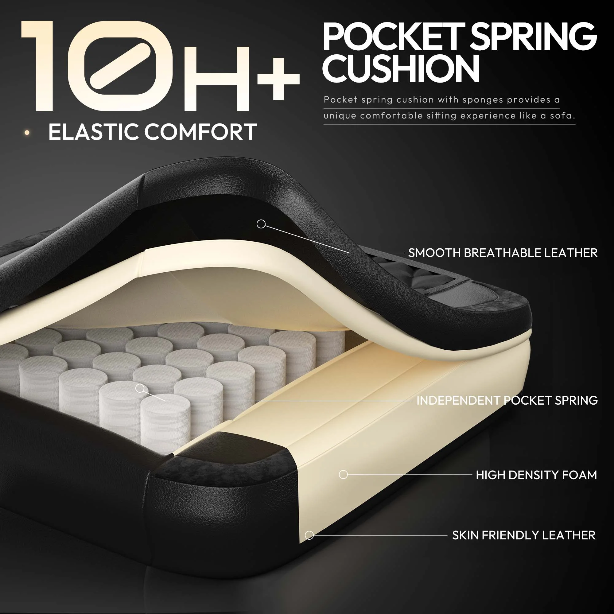 Dowinx Gaming Chair with Pocket Spring Cushion, Ergonomic Computer Chair with Footrest and Lumbar Support for Office or Gaming, Black