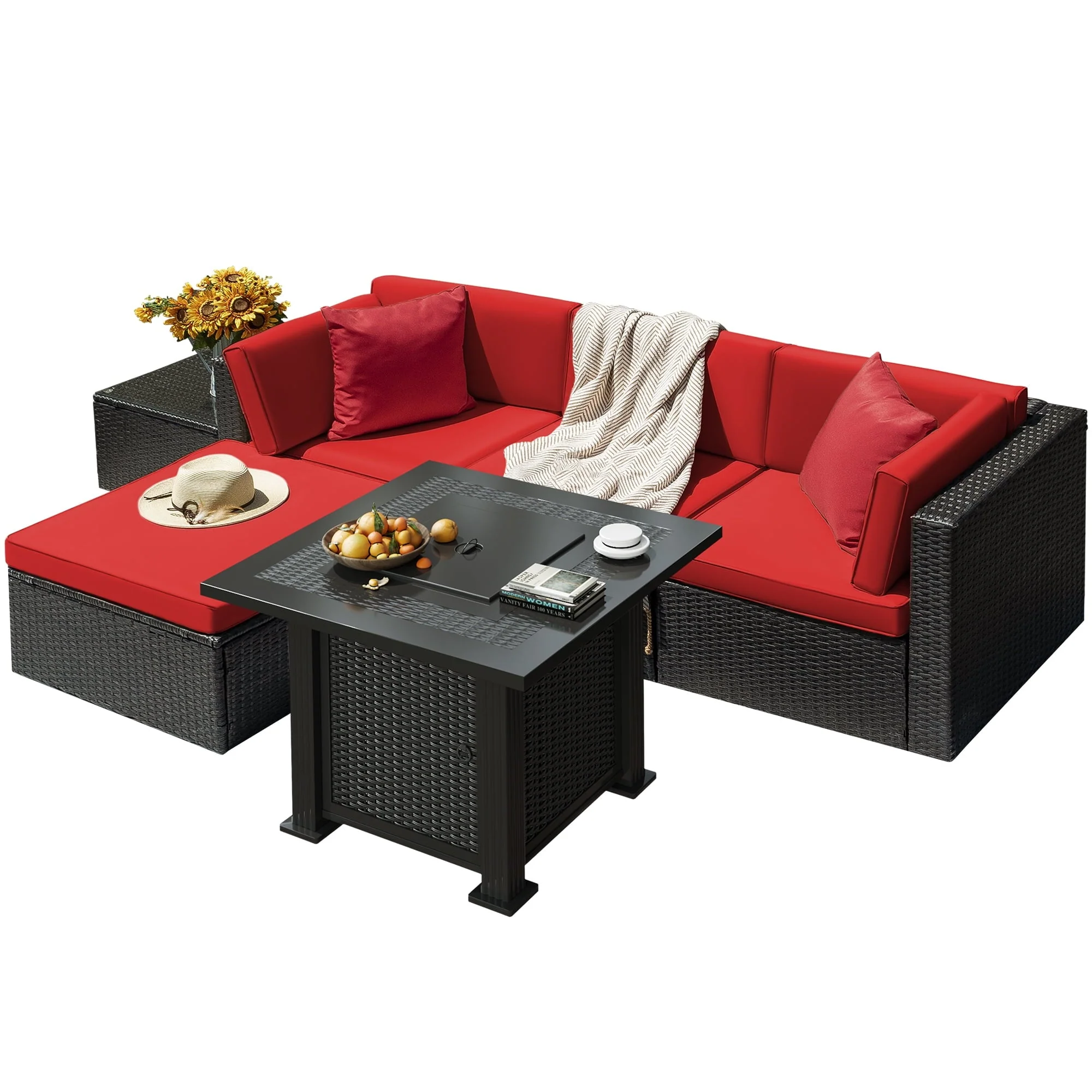 Devoko 6 Pieces Fire Pit Seating, Outdoor Sectional Rattan Sofa Set with 40000 BTU Propane Fire Pit Table