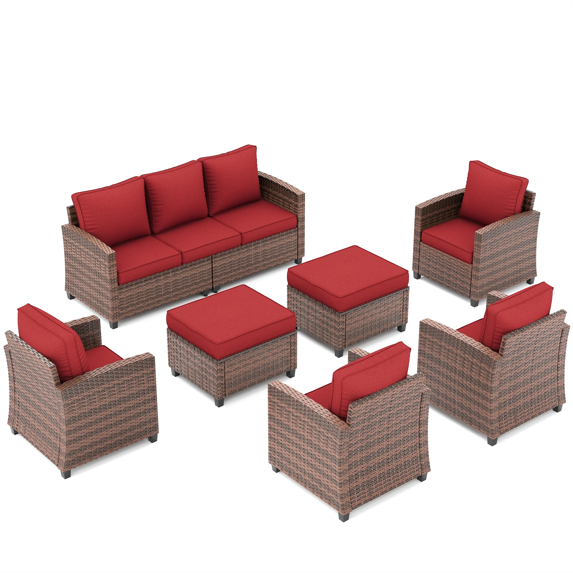 POTEBAN Patio Furniture Set, 7 Pieces Outdoor Sectional Sofa Couch with Chairs, Ottomans and Comfy Cushions, All Weather Wicker Rattan Patio Conversation Set for Garden Backyard Wine Red