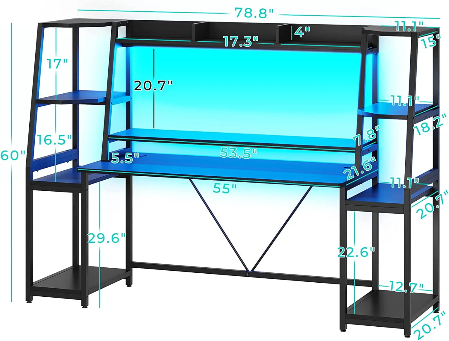 SEDETA 78.8'' Gaming Desk with Hutch and Storage Shelves,LED Lights Computer Desk Gamer Desk, Black