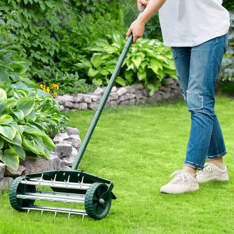 18-Inch Rotary Lawn Aerator – Push-Style Spike Tine Tool with 40.5-Inch Handle and Fender