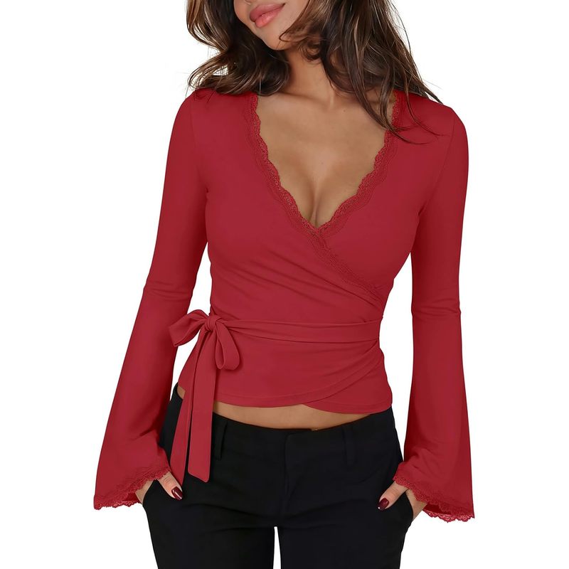 Sexy Going Out Lace Wrap Tops for Women Bell Long Sleeve Top