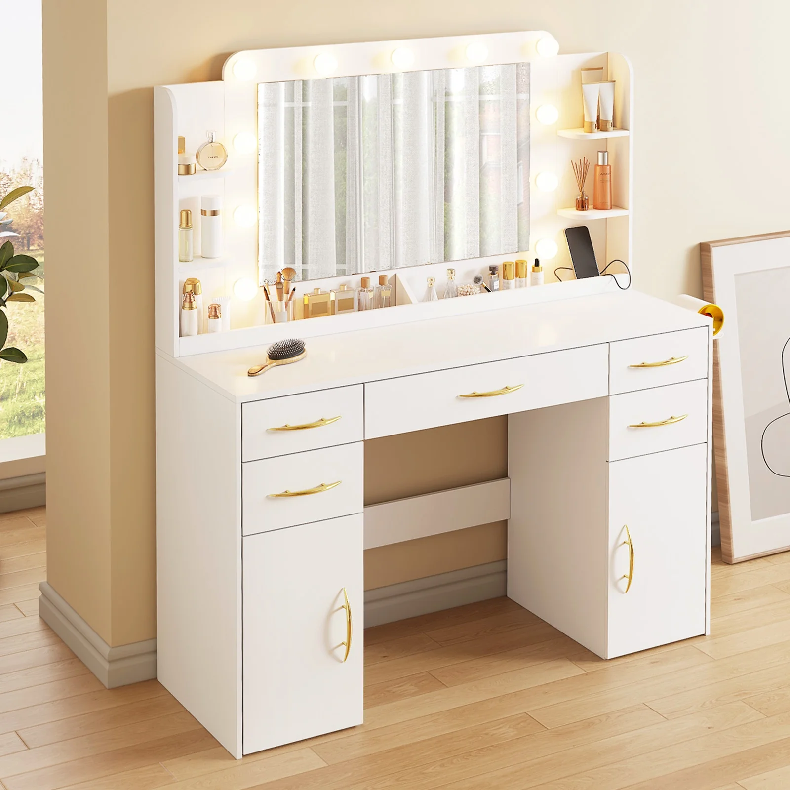 Tomnk woo 45.5in Makeup Vanity Desk with Mirror, Lights, Power Outlet, 5 Drawers, 2 Cabinets, White