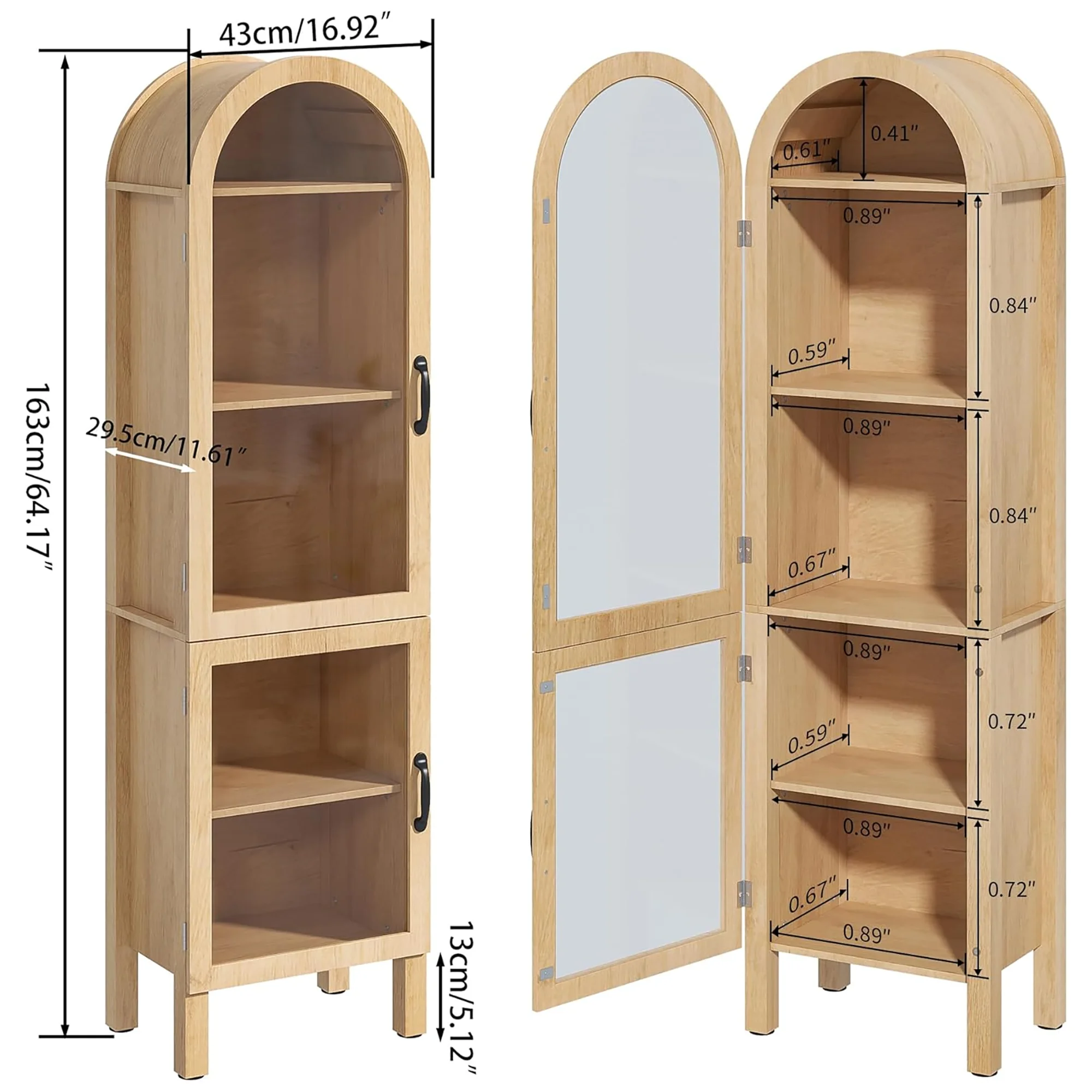 Tall Arched Storage Display Cabinet 5-Shelf with Acrylic Glass Doors, Kitchen Pantry Storage Cabinet Accent Cabinet Bookcase for Living Dining Room