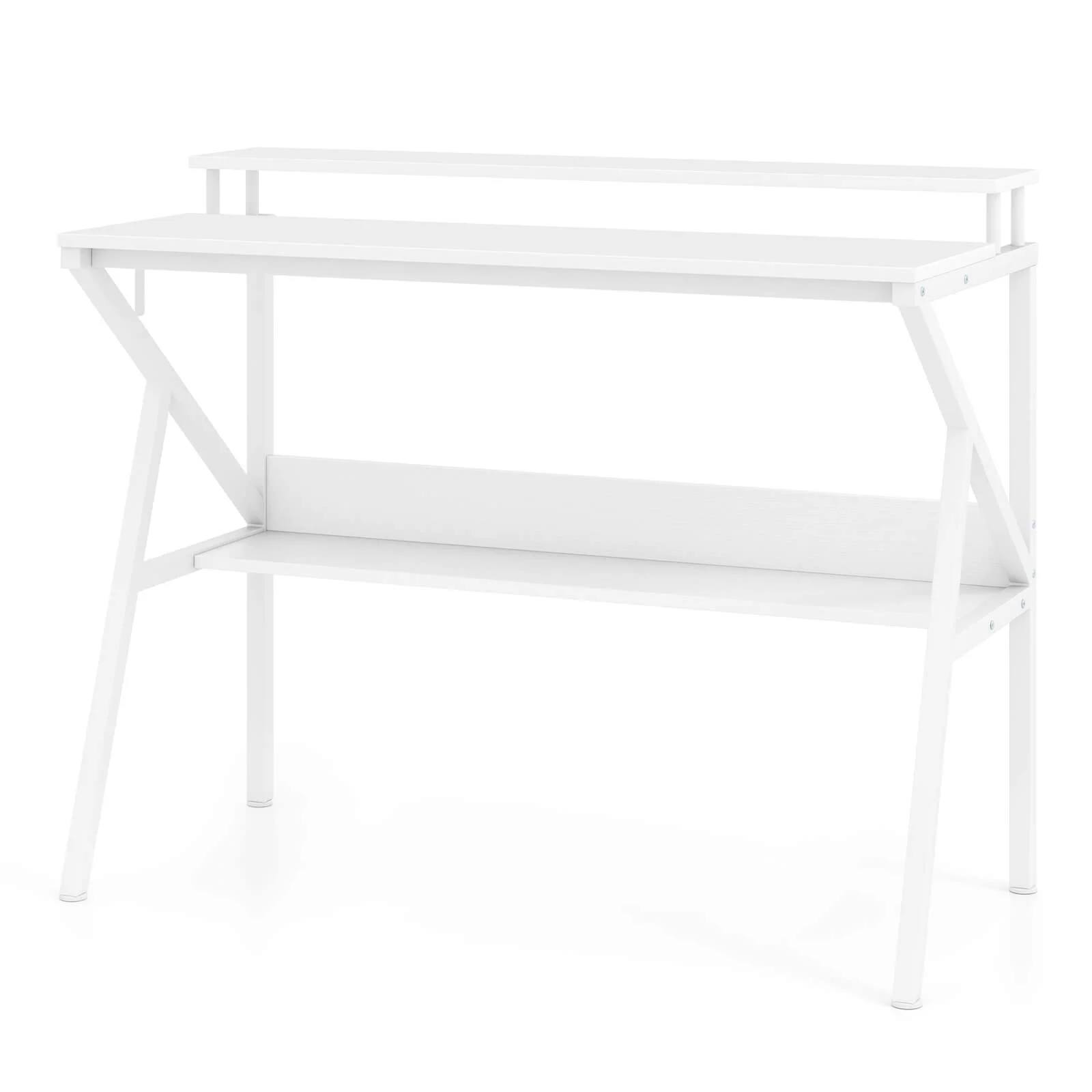 Costway Home Office Desk with Monitor Stand, Open Shelf & Metal Frame, Earphone Hook White