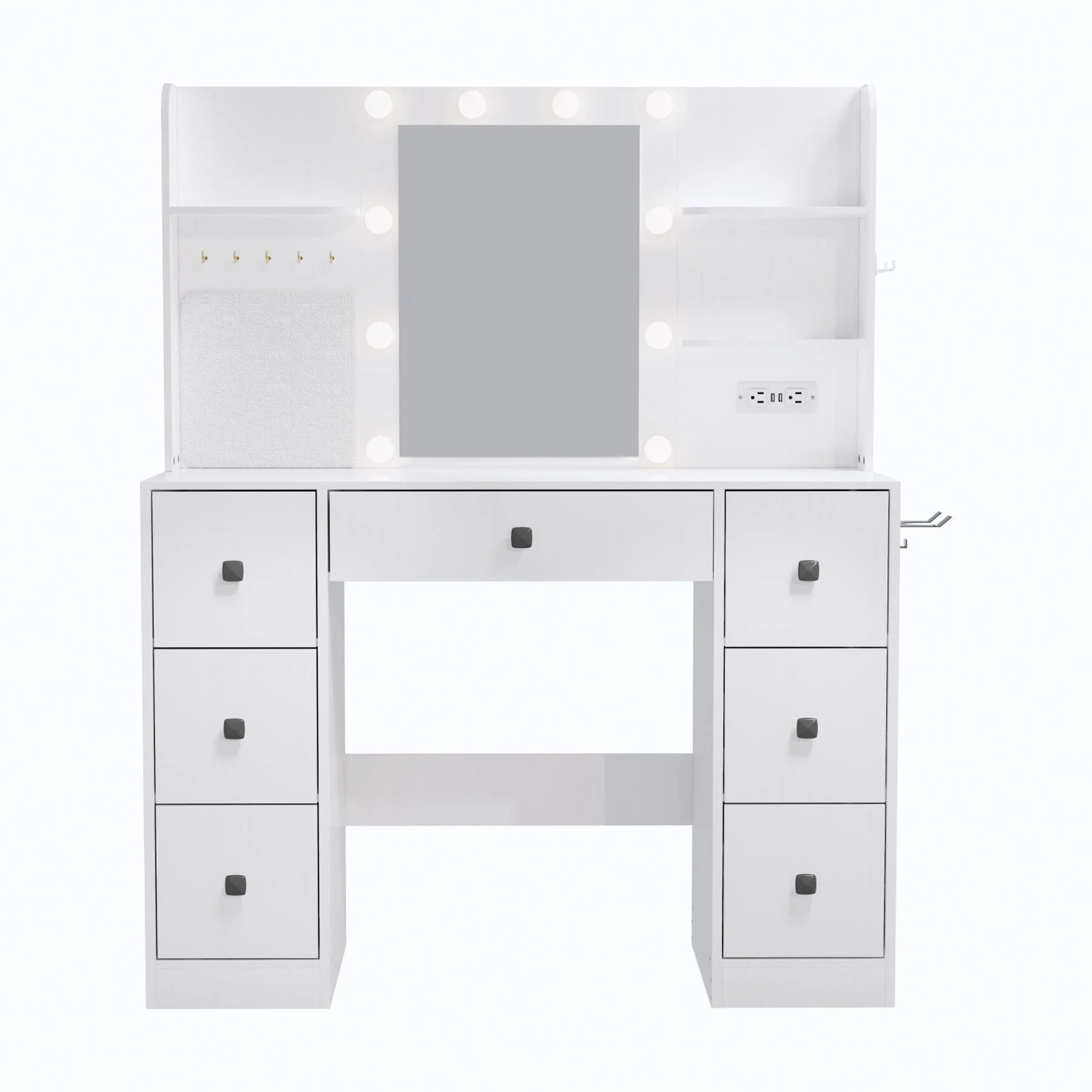 Cottinch Vanity Desk 3 Color Lighted Mirror,Makeup Dressing Table with 4 Drawers and Storage Shelves,2 Outlets,2 USB Ports,White