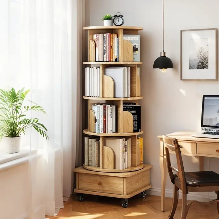 5-Tier Rotating Wooden Bookshelf Bookcase of with Storage