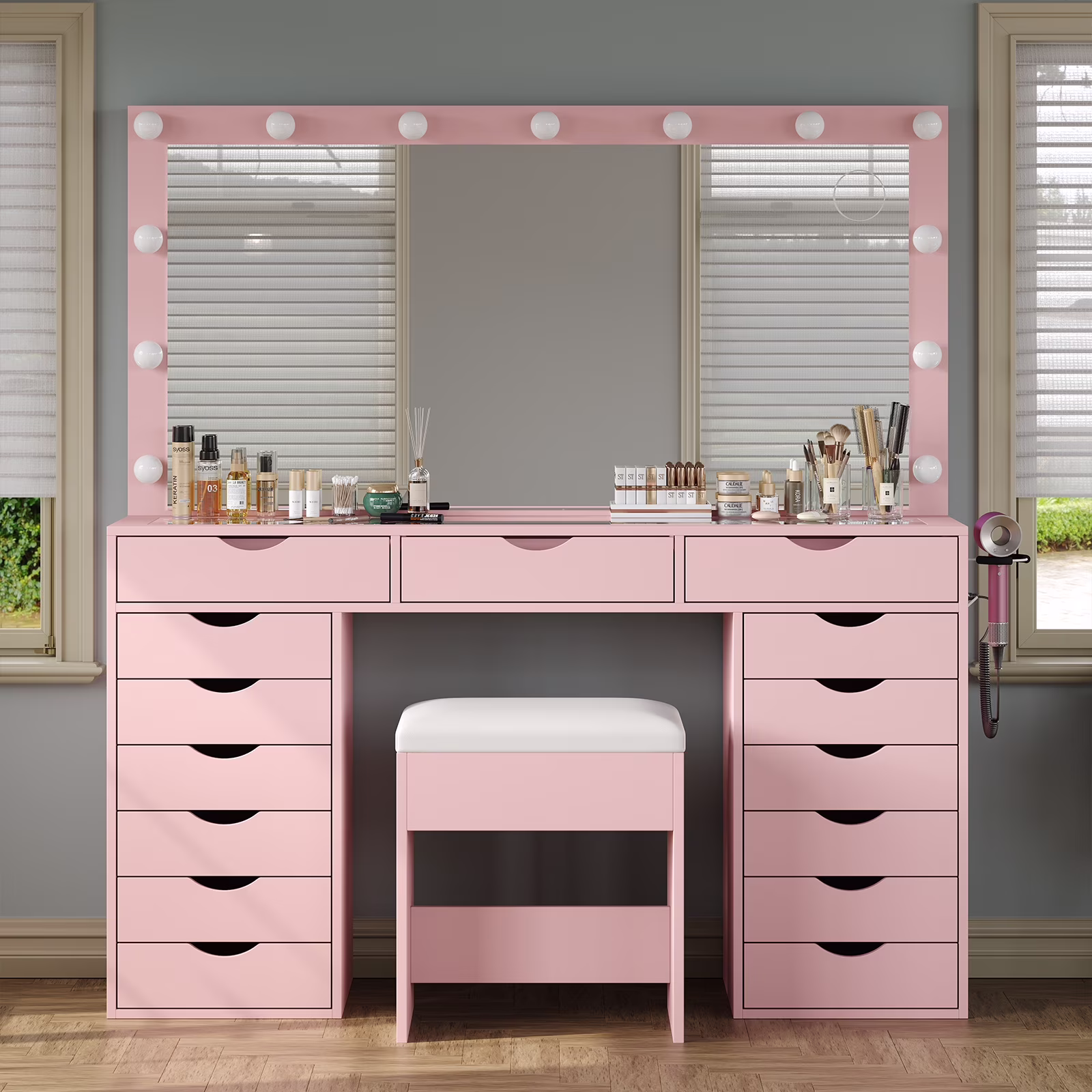 Yanosaku 15 Drawers Vanity Desk with Power Outlet, Makeup Table with Mirror and 13 LED Lights, 3 Color Lighting Modes, Brightness Adjustable, Glass Top Dressing Table, Vanity Set for Bedroom