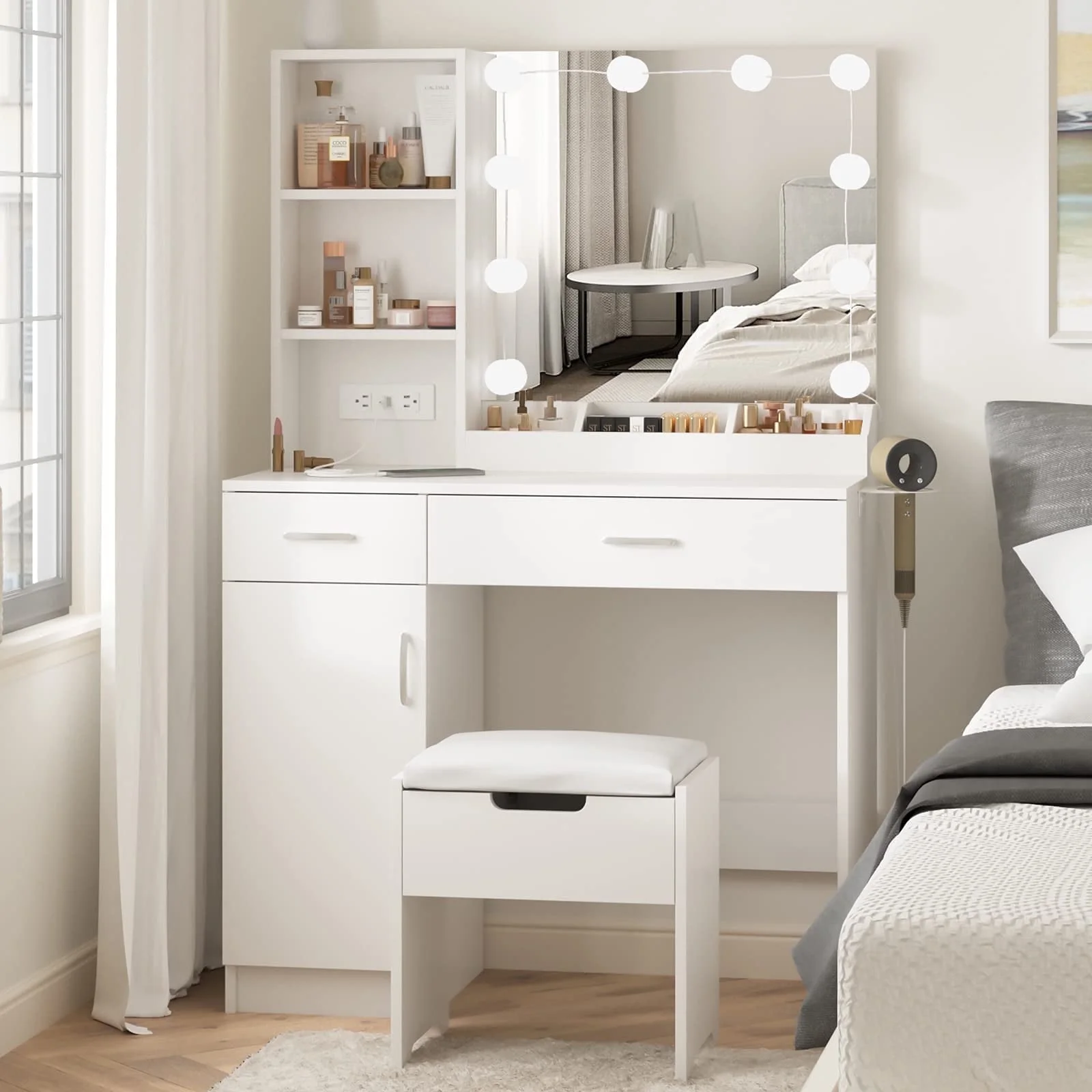 Veanerwood Makeup Vanity Desk with Lighted Mirror & Power Strip, Girls Dressing Table with Storage Shelves, White