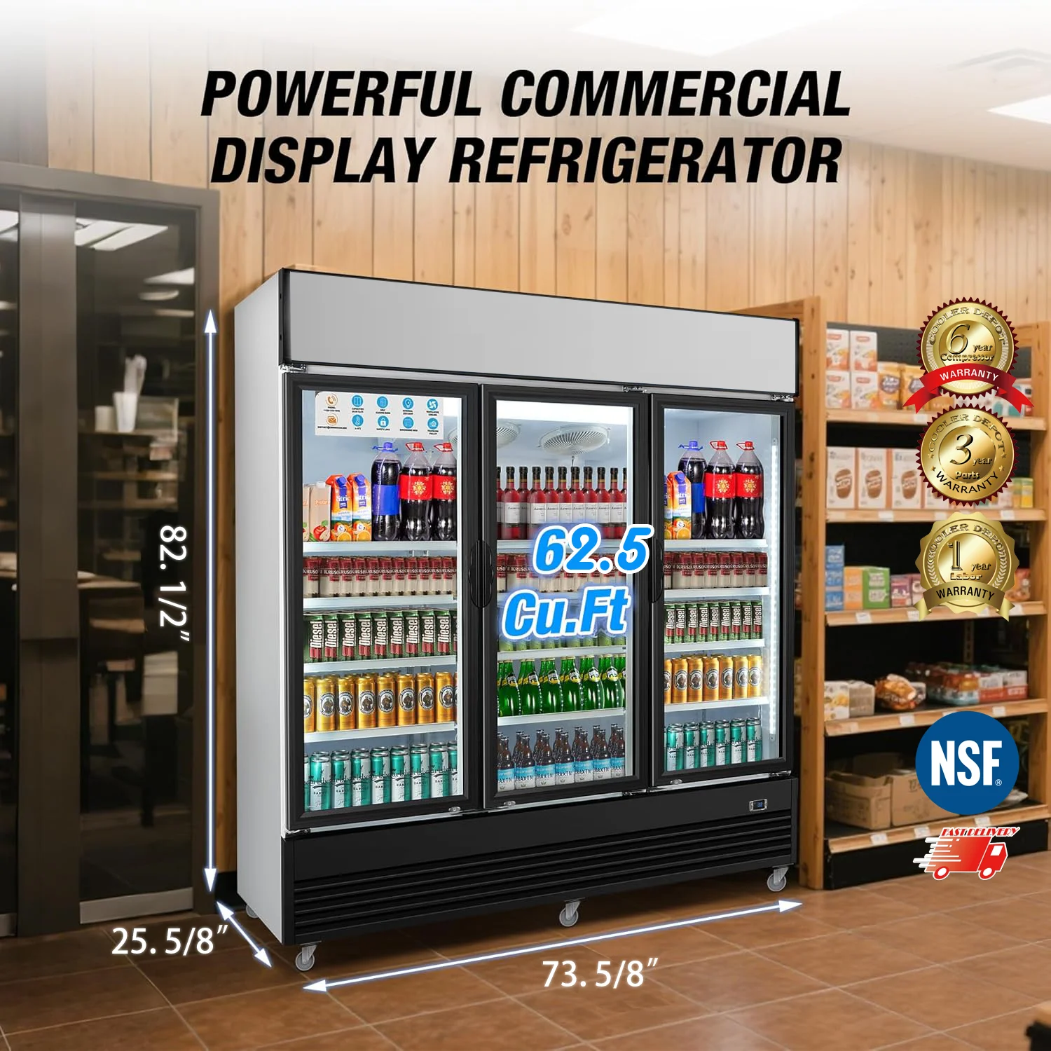 Commercial Merchandiser Refrigerator, 3 Glass Door, Beverage Cooler, 74