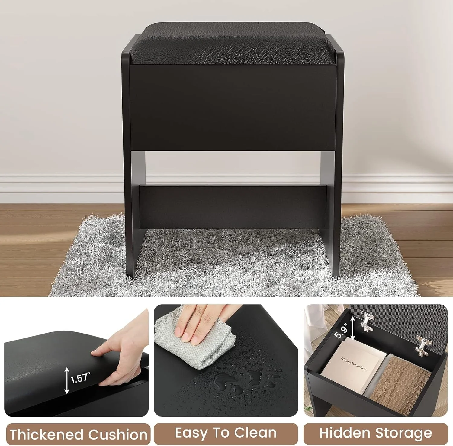 Black Vanity Set with Lights & Charging Station & Cushioned Stool, Modern Makeup Vanity Desk Table with Visible Drawers and Open Storage Shelves for Women Girls