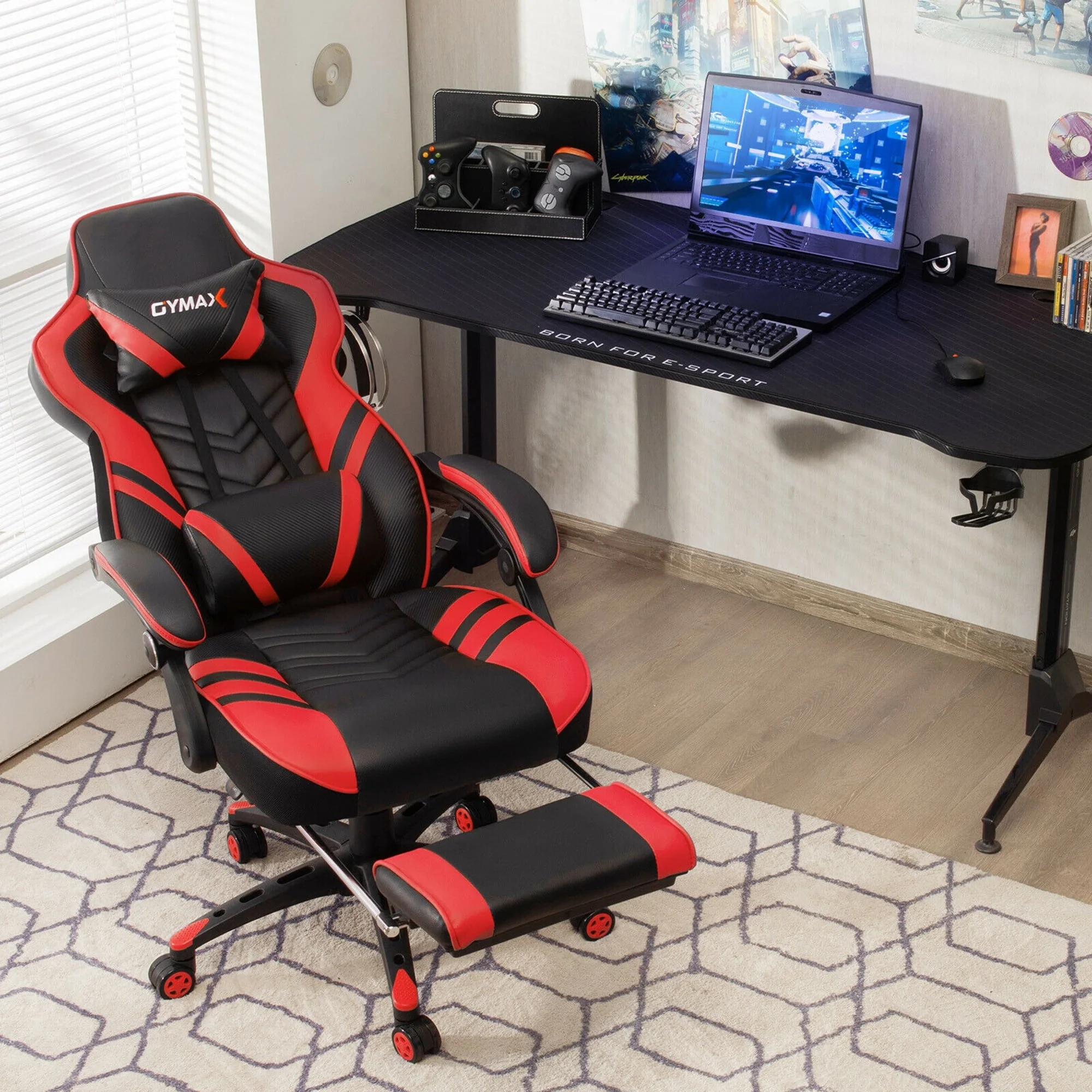 Gymax Office Computer Desk Chair Gaming Chair Adjustable Swivel w/Footrest Red