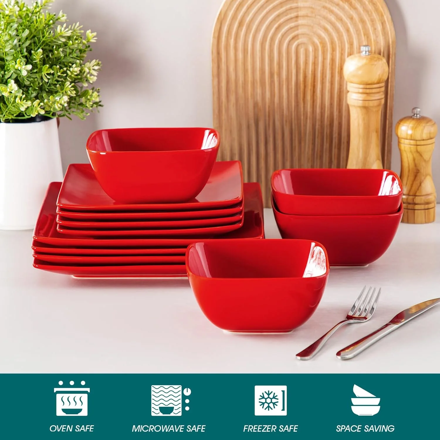 Dinnerware Sets 12 Pieces, Stoneware Square Place Setting, Dinner Plate, Dessert Plate, Bowls Service for 4