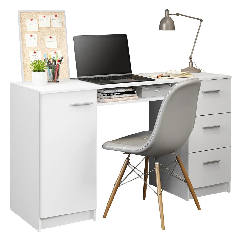 Madesa Modern Office Desk with Drawers 53 inch, Study Desk for Home Office, PC Table with 3 Drawers, 1 Door and 1 Storage Shelf (White)