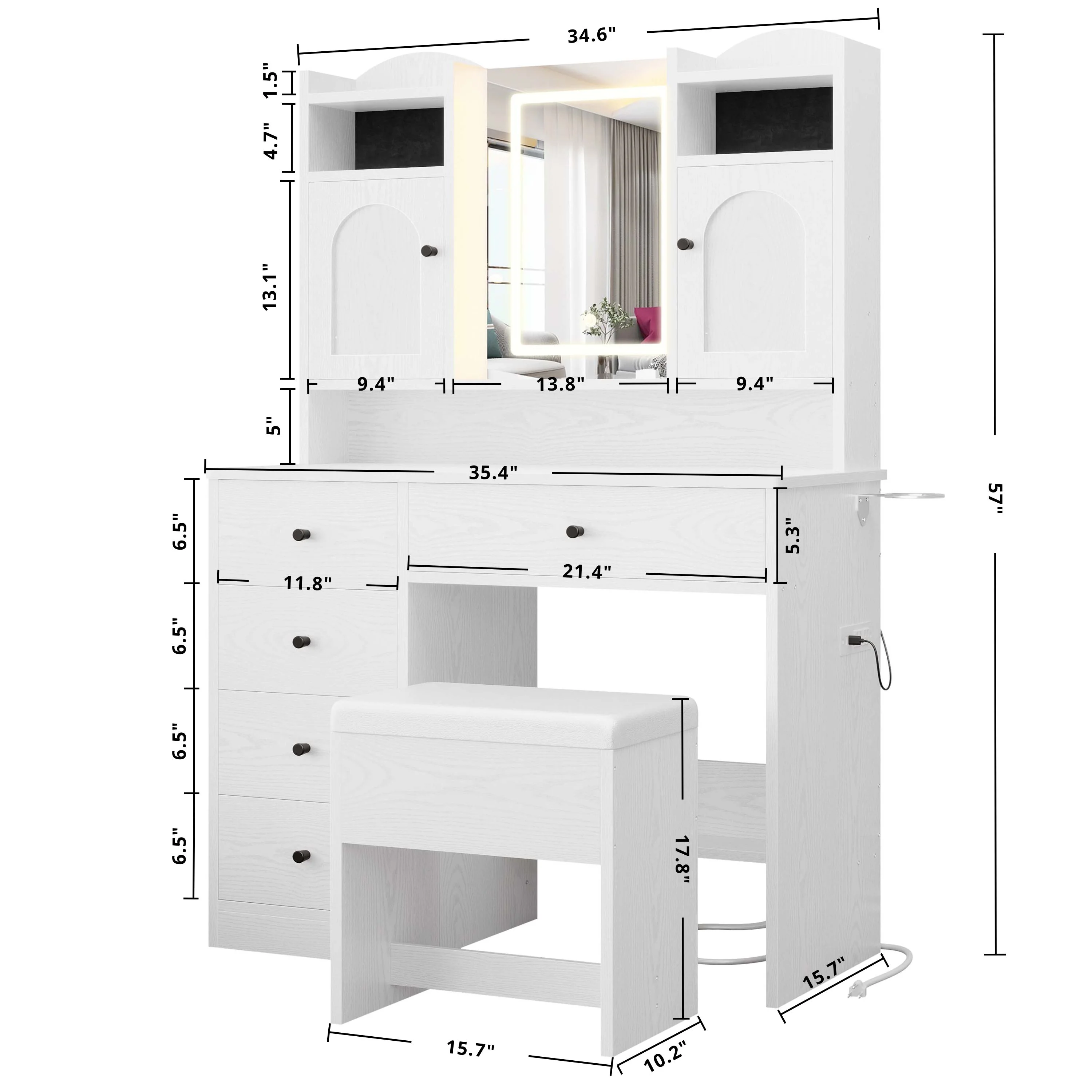 IRONCK White Vanity Set with Mirror and Lights, Makeup Vanity Desk with 5 Drawers & 2 Cabinets & Charging Station