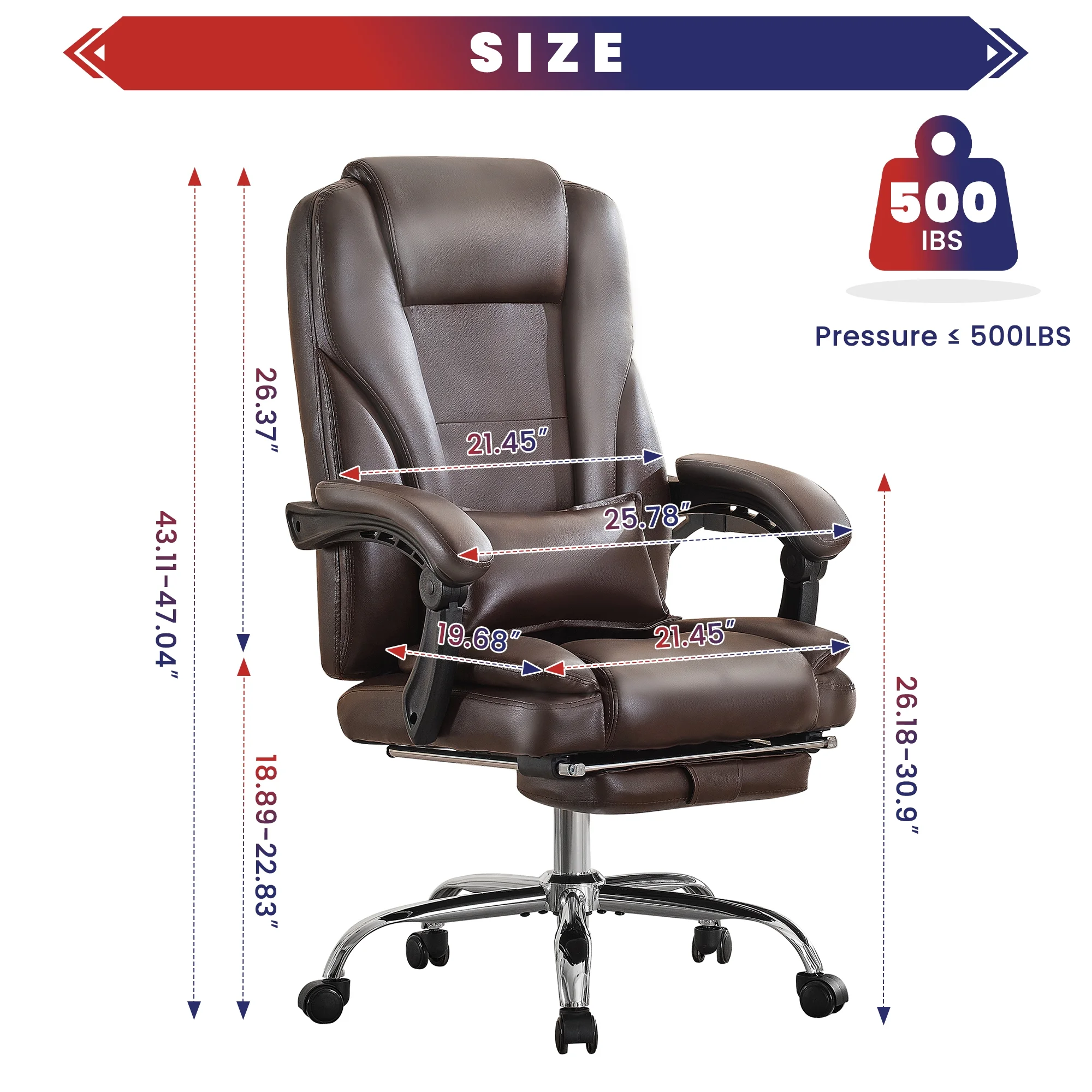 JONPONY Big and Tall Office Chair 500LBS Executive Office Chair Massage and Footrest Ergonomic Computer Desk Chair Reclining High Back Leather Office Chair Lumbar Back Support Swivel Rolling,Black