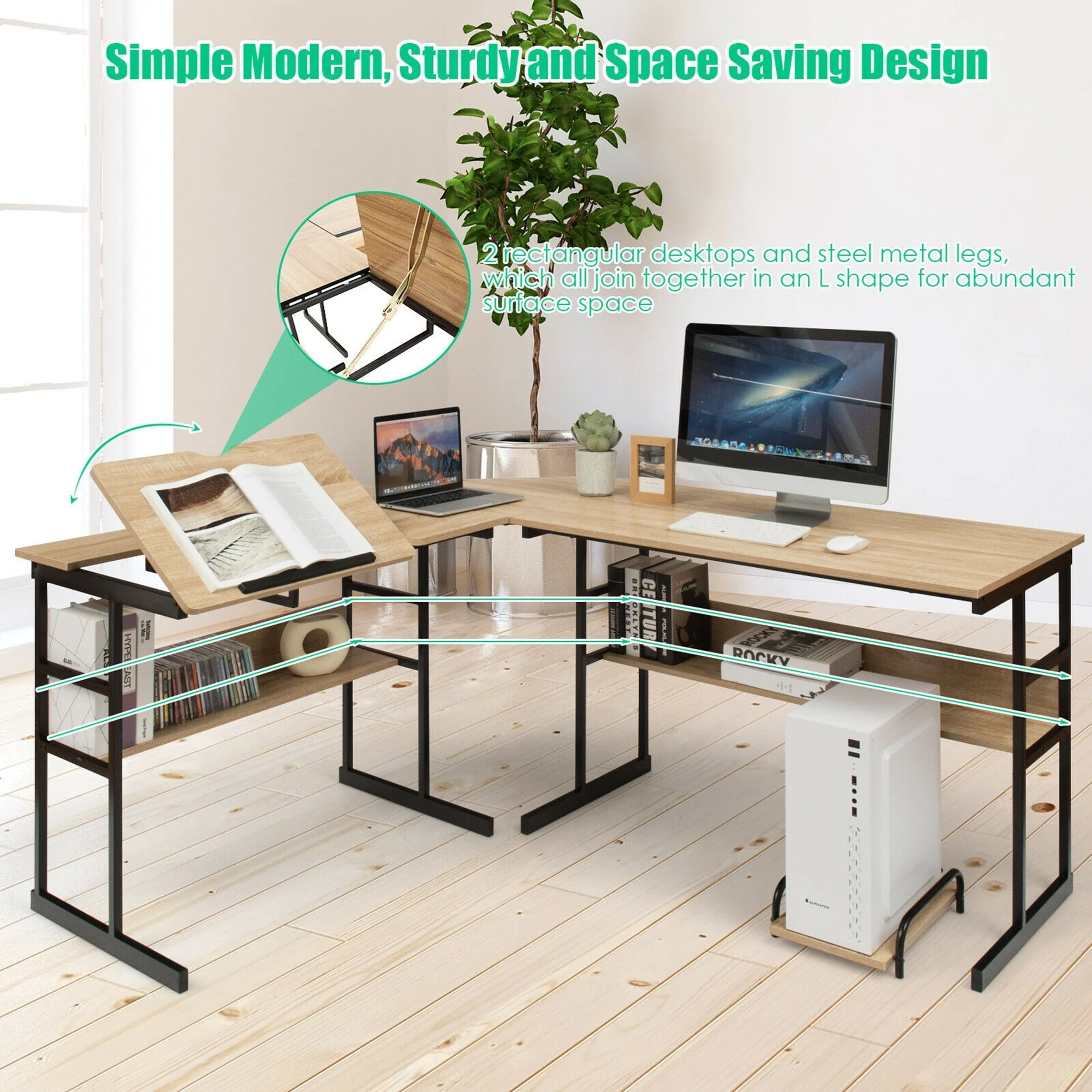 Gymax L-Shaped Computer Desk Drafting Table Workstation w/ Tiltable Tabletop Natural