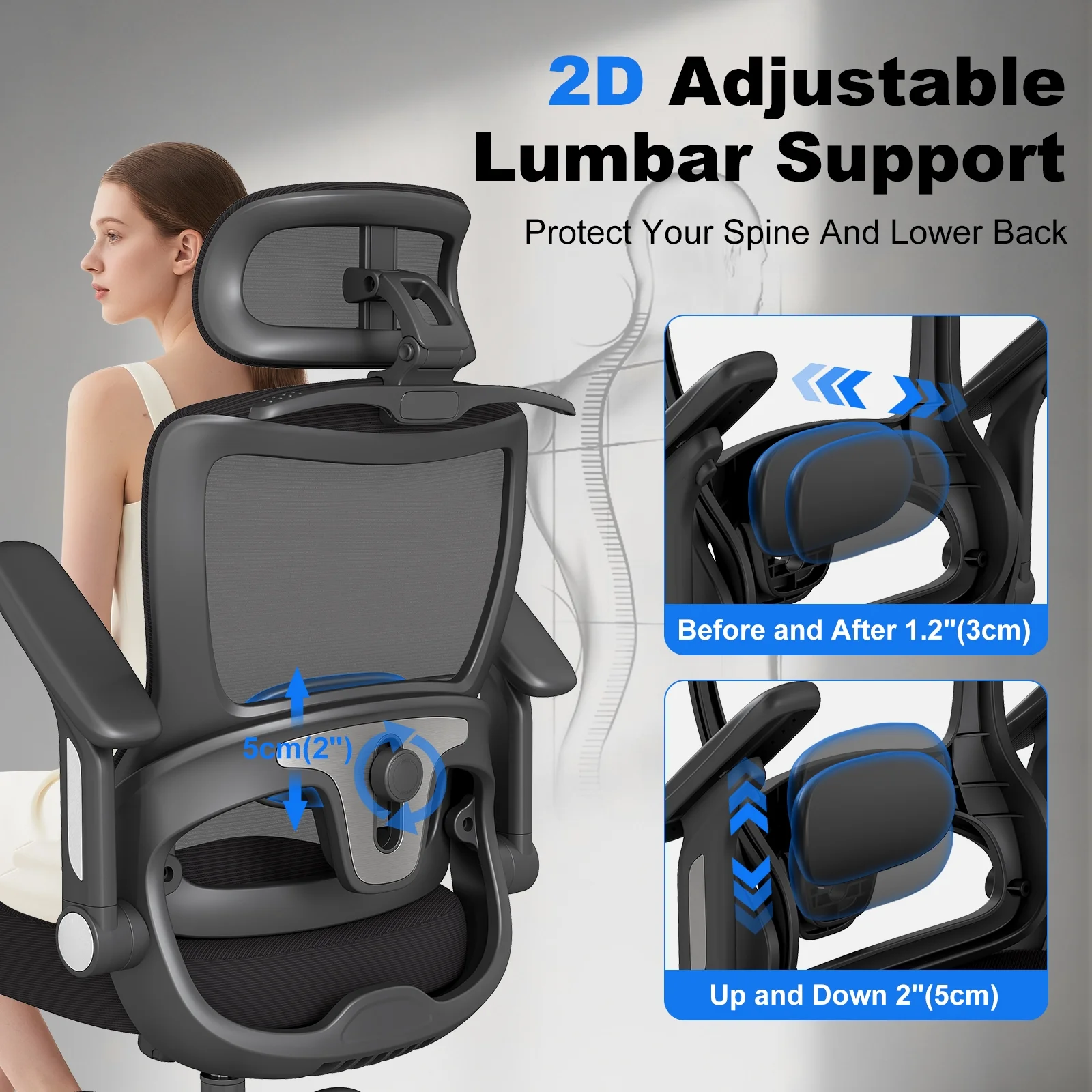 Ergonomic Mesh Office Chair with Adjustable Headrest 3D Armrests High Back Desk Chair with Lumbar Support Tilt Lock
