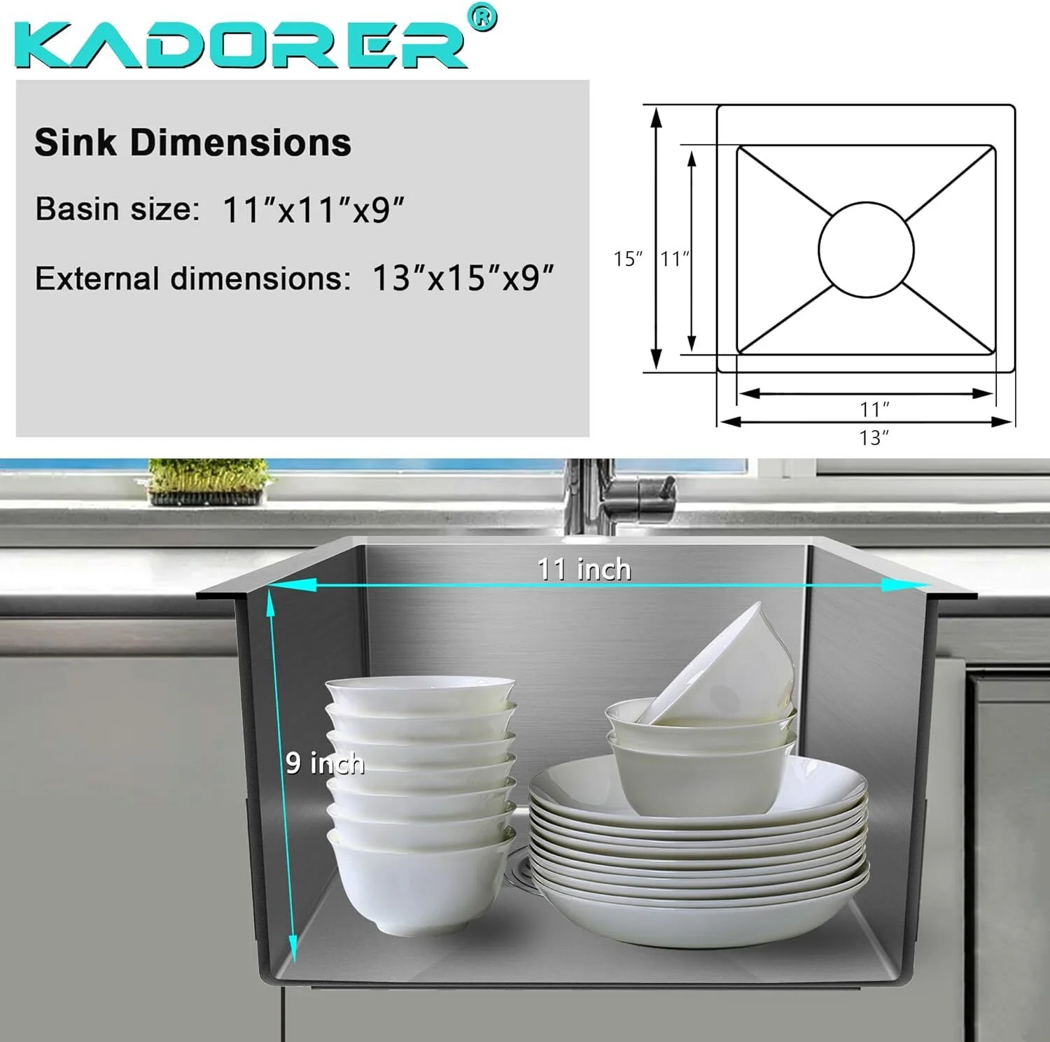 13 x 15 Inch Drop In Bar Sink, Small Kitchen Sink Single Bowl Topmount Bar Prep Sink 18 Gauge Stainless Steel Bar Sink with Basket Strainer
