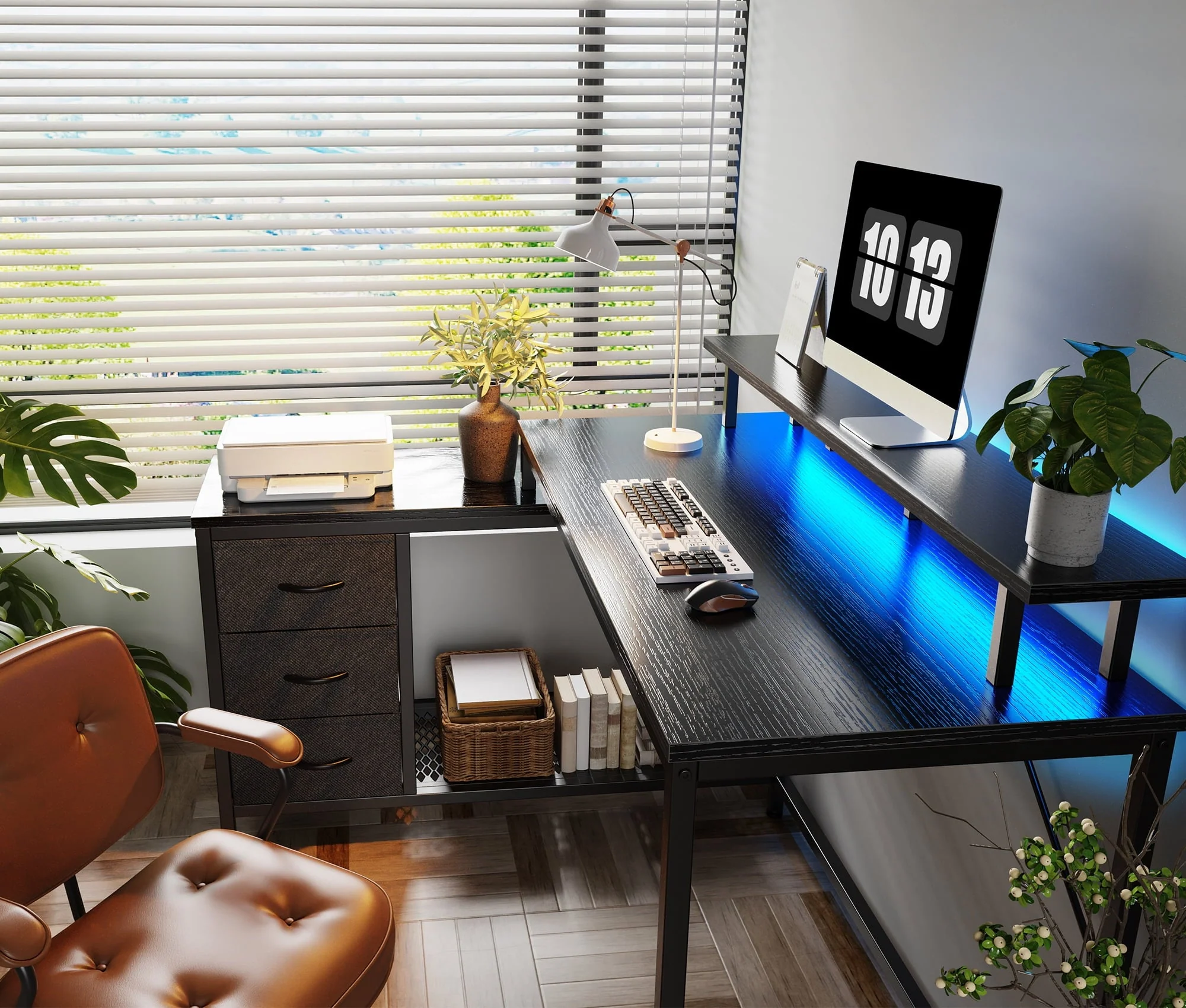 Huuger Computer Desk with LED Lights and Power Outlets, L Shaped Gaming Desk with Drawers & Storage Shelf, Reversible Home Office Desk with Monitor Stand, Black
