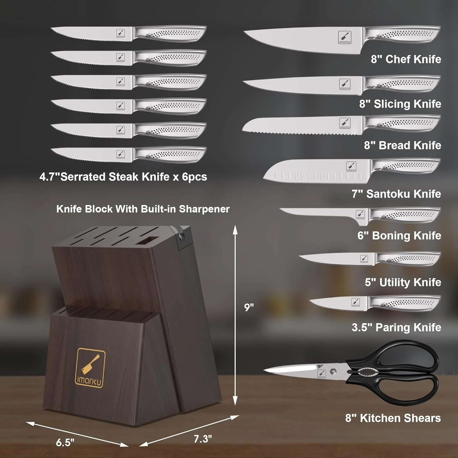 imarku Japanese HC Stainless Steel 15 Piece Kitchen Knife Set, Built in Sharpener, Sharp Knife Set with Point like Ergonomic Handle, Holiday Gift, Home Chef Knife, White