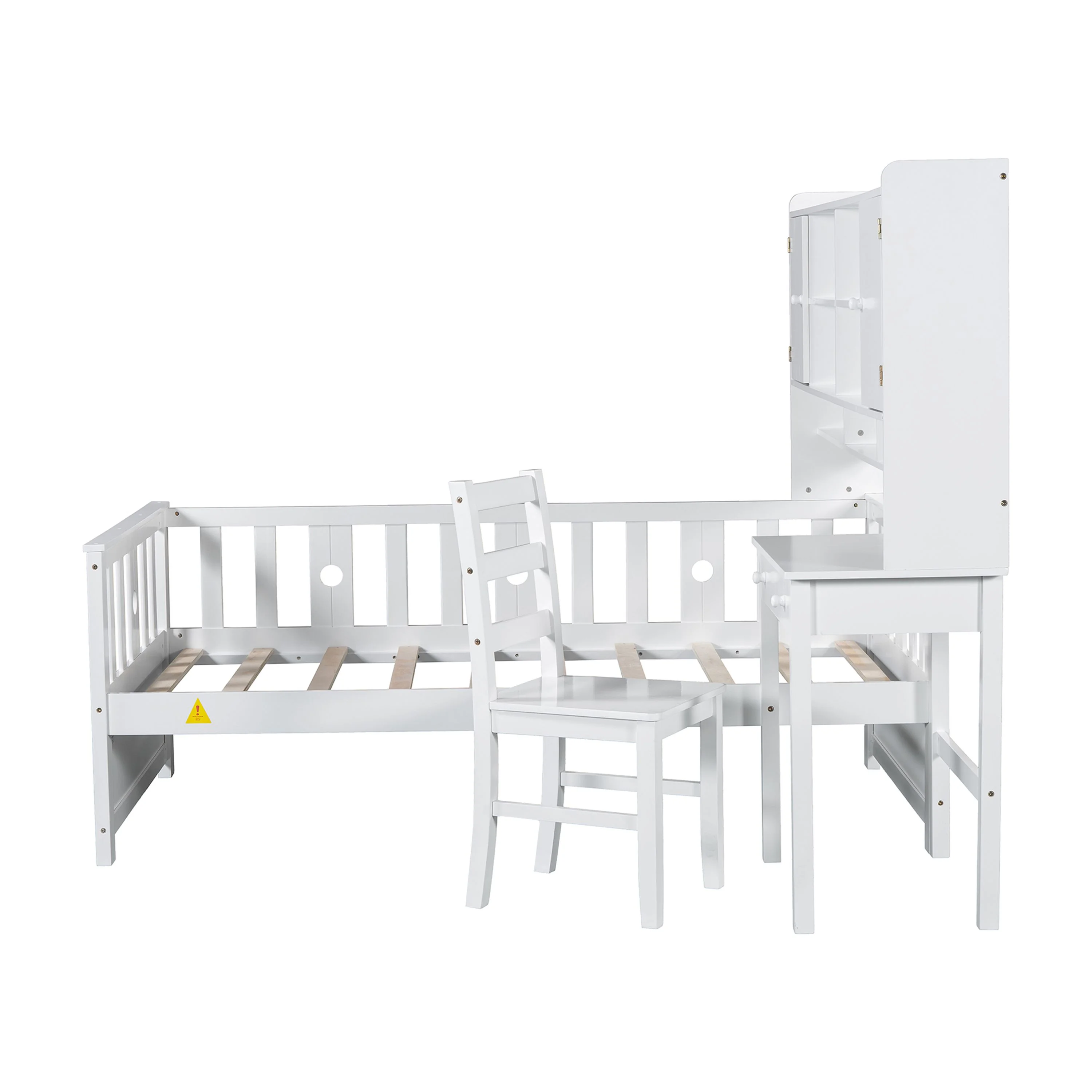 Euroco Wood Twin Size Platform Bed with Desk and Shelves, Table and Chair Set for Kids, Natural