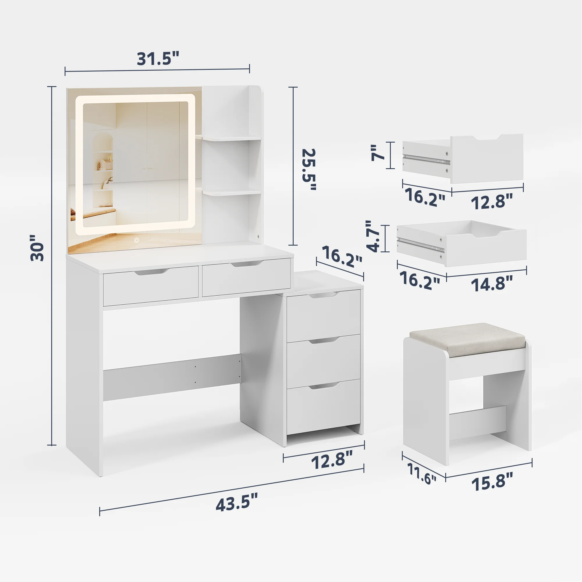 Asofer Vanity Desk with Mirror and Adjustable Light, White Makeup Vanity Set with 5 Drawers for Bedroom, Dressing Room