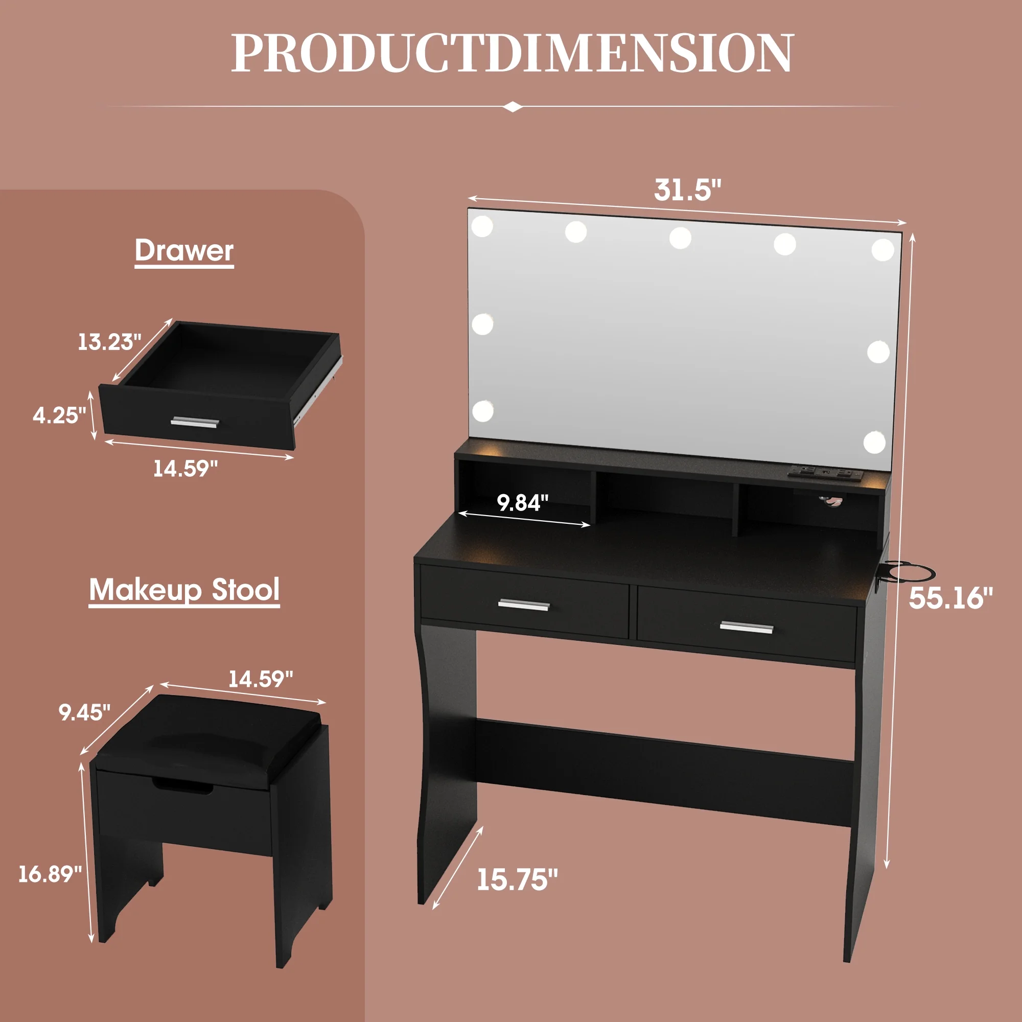 Modern Vanity Table Set with Lighted Mirror,Makeup Table with 2 Drawers & Power Strip,Dresser Desk for Girls, Women, White