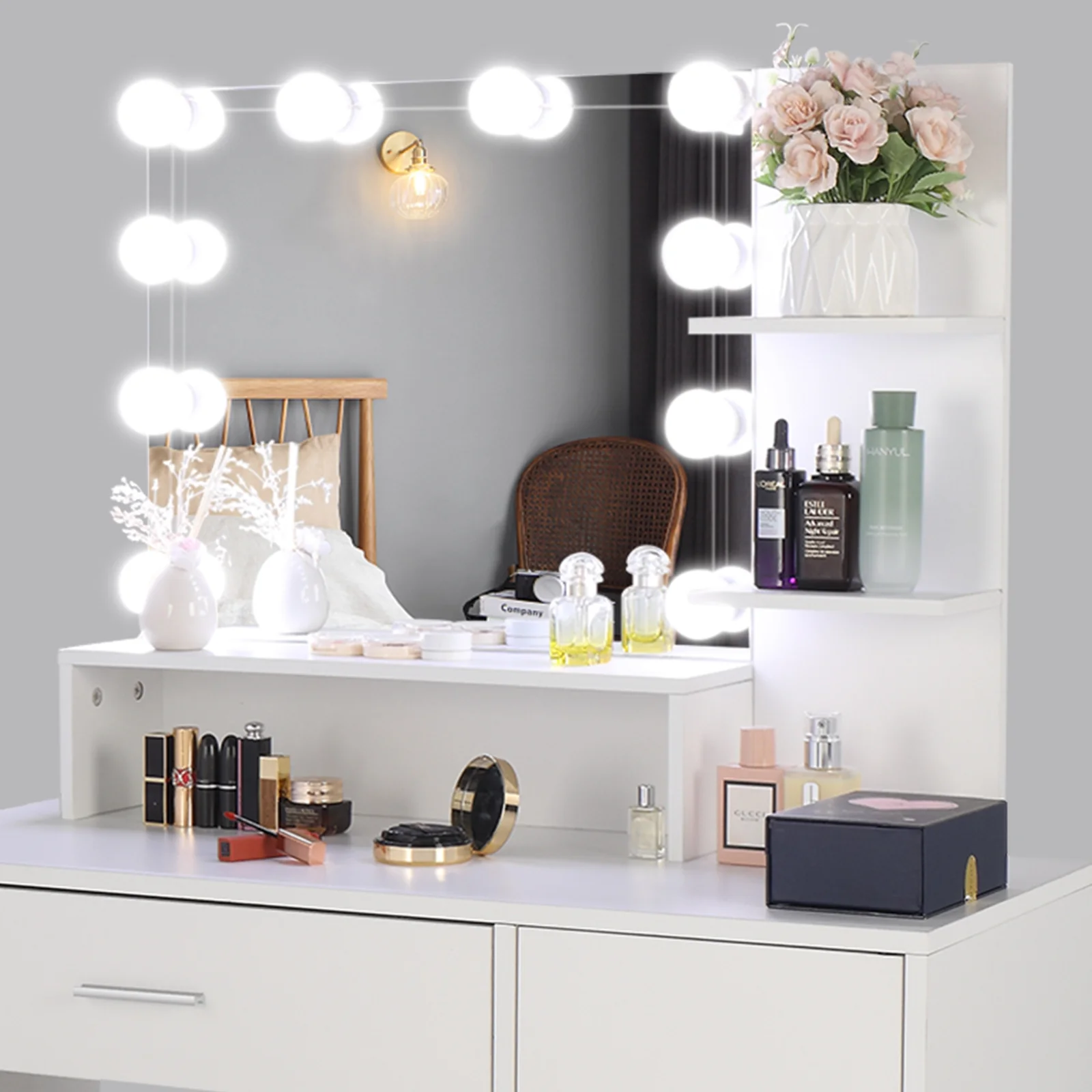 Resenkos Vanity Desk Set with Mirror and Lights for Makeup, 5 Drawers Storage Dresser for Bedroom, White