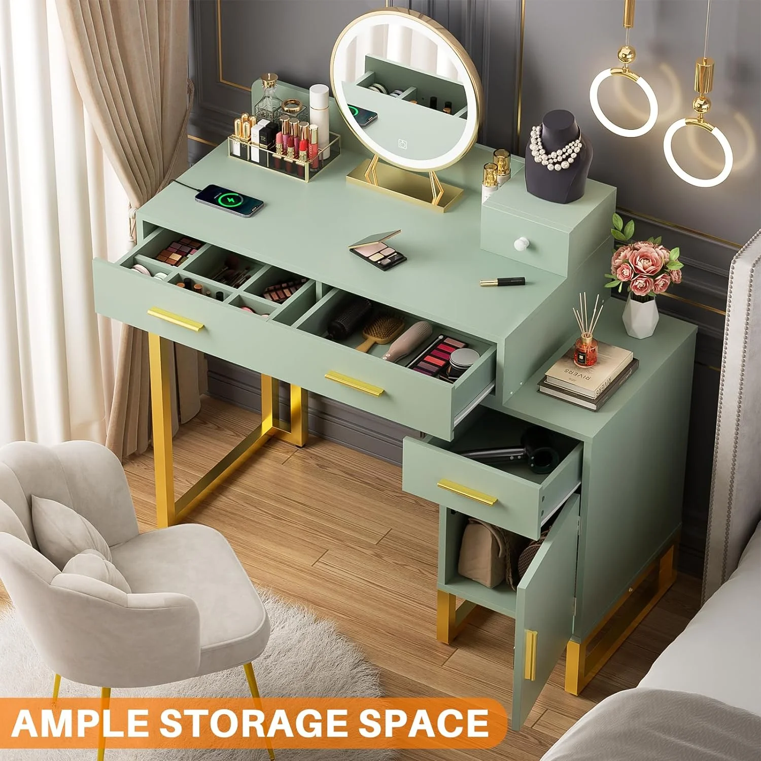 Vanity Desk With 4 Drawers and Cabinet, Makeup Vanity Table With Charge Station Socket, Small Space Makeup Bedside Cupboard, Gift for Her Choice, Suit for Apartment/Dorm/Bedroom, Cute Pink