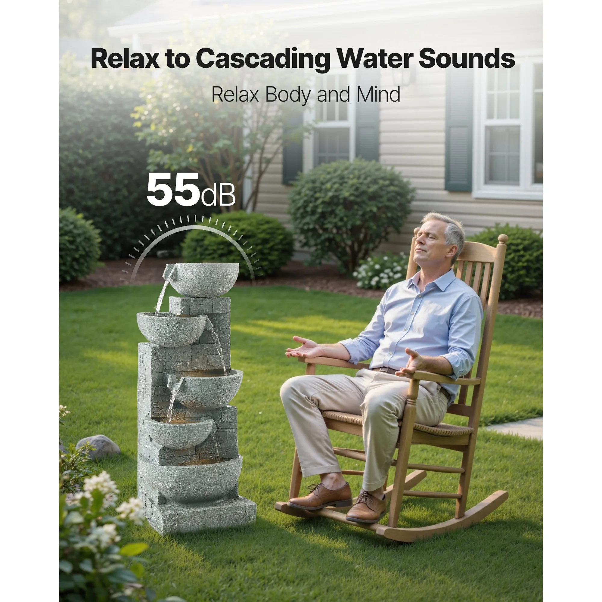 KFFKFF 31.5-Inch Outdoor Water Fountain with LED Light, 5-Tier Cascading Bowl Design, Floor-Standing Waterfall Feature for Garden, Patio, Home, and Backyard Use