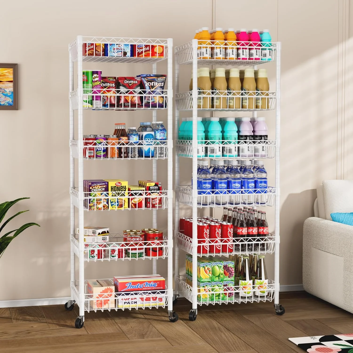 6 Tier Wire Shelving Unit with Wheels Baskets Storage Rack Corner Shelves Adjustable Shelf Closet Bathroom Organizers Metal Pantry Kitchen Garage Laundry Room 13.5