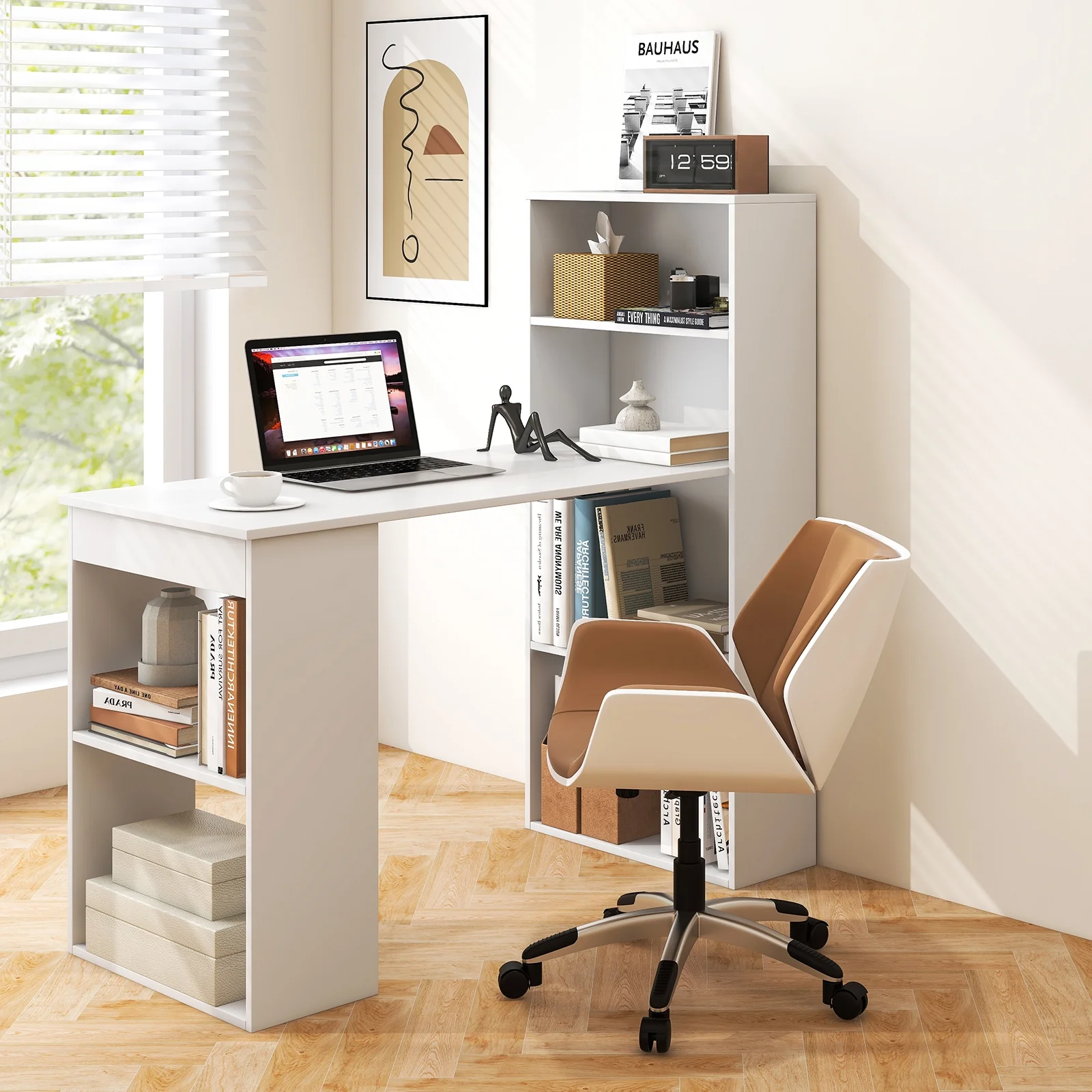 Costway Computer Desk Writing  Workstation Office 6-Tier Storage Shelves Natural