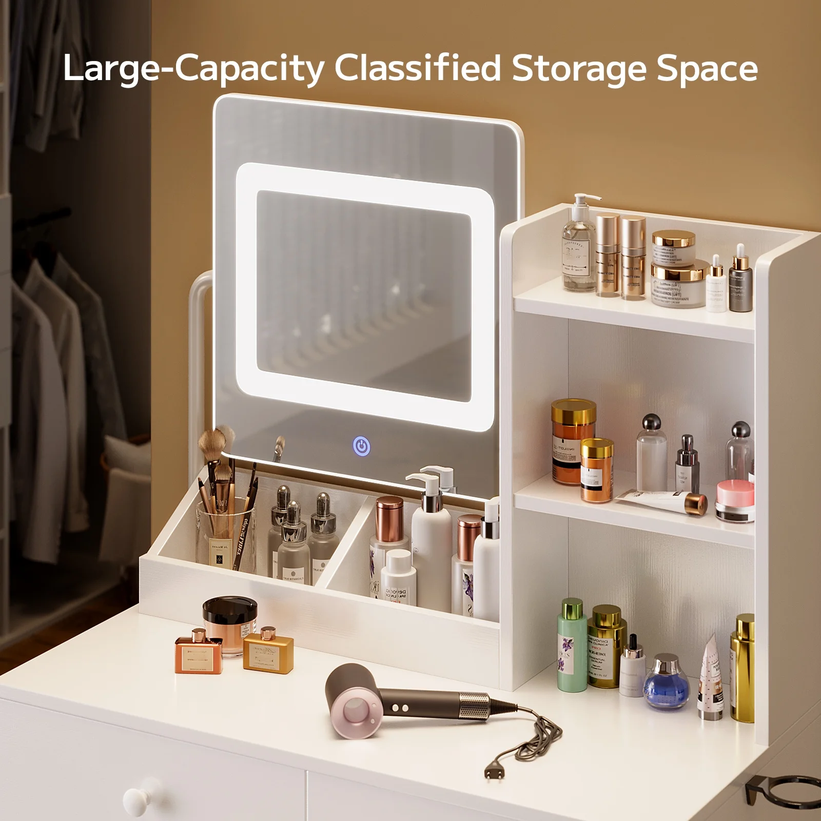 Asofer Vanity Desk with Mirror and Adjustable Light, White Makeup Vanity Set with 5 Drawers for Bedroom, Dressing Room