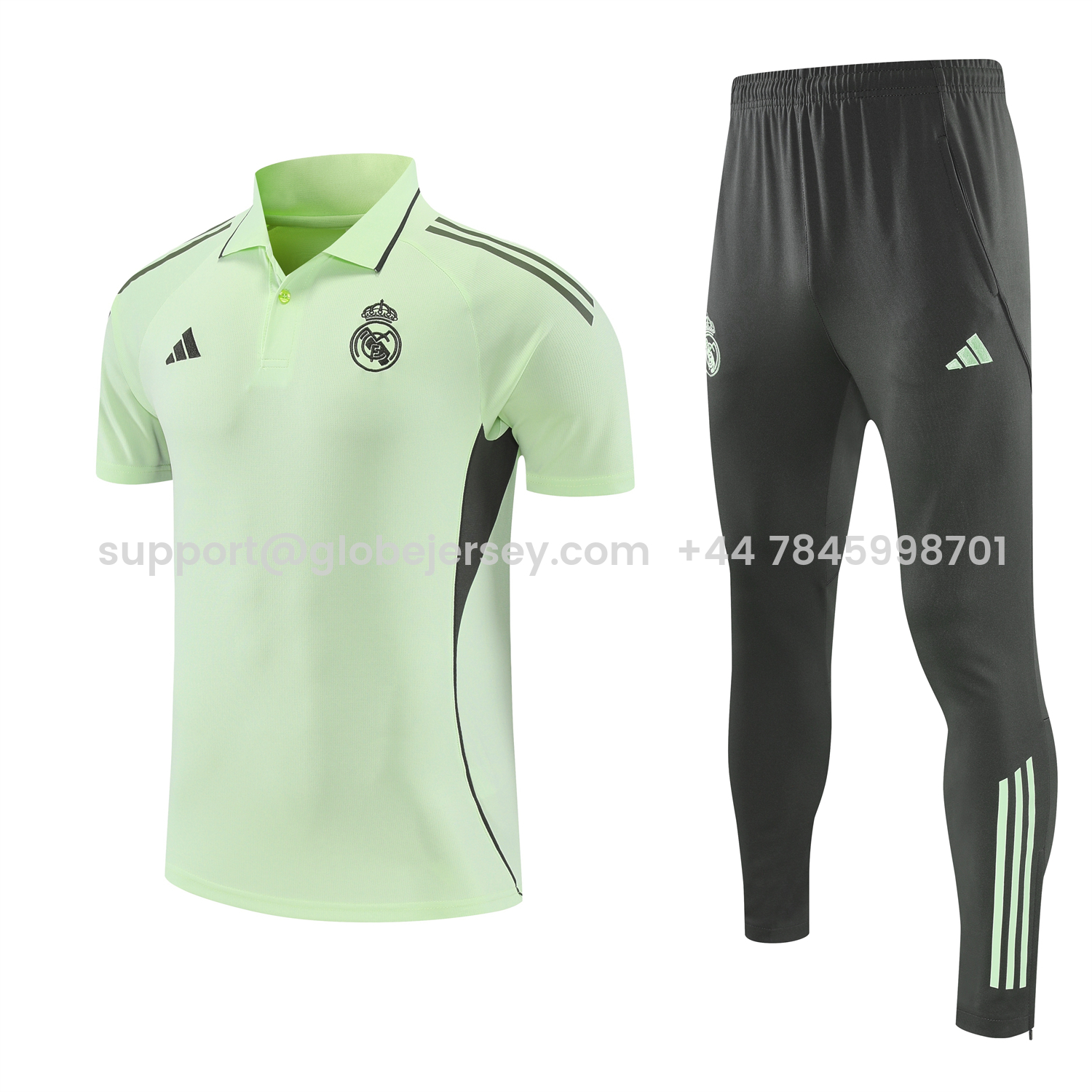 Real Madrid 25-26 POLO Short-Sleeve Training Set - Light Green Top and Dark Grey Pants